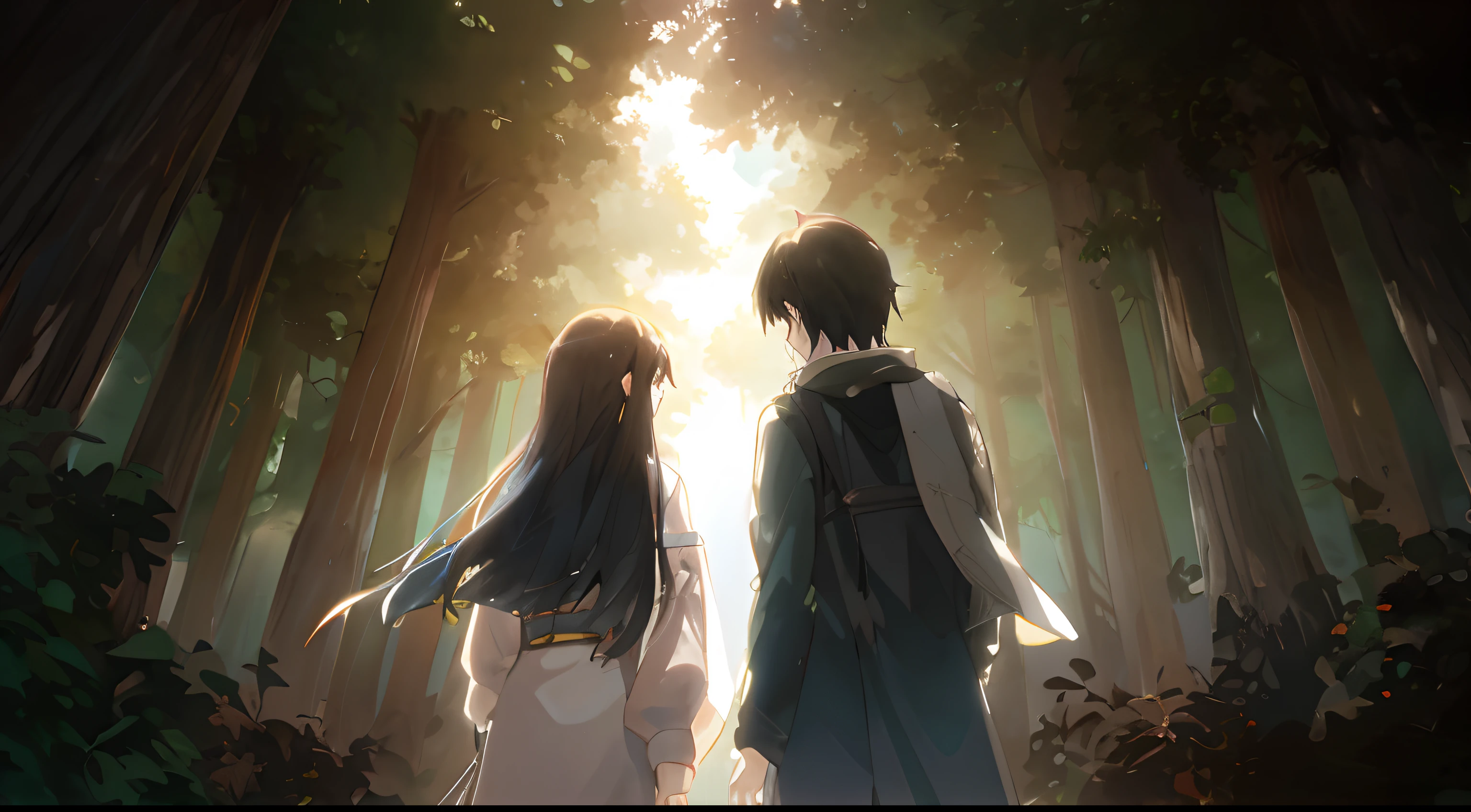 Anime scene of two people walking through the forest with sunshine, Guweiz e Makoto Shinkai, makoto shinkai and bioware, sakimichan and makoto shinkai, beautiful anime scenes, anime beautiful peace scene, Beautiful anime, hd anime wallaper, makoto shinkai and (cain kuga), visual novels CG