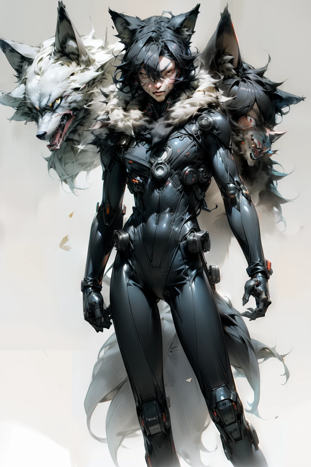 masutepiece, Hyper realistic, 8K, werewolf man、The face is human、(((Wolf in the face)))、(((Black bodysuit)))、((Slender body))、((tall male))、(((the whole body is covered with fur,,,,,))),、nails are long、