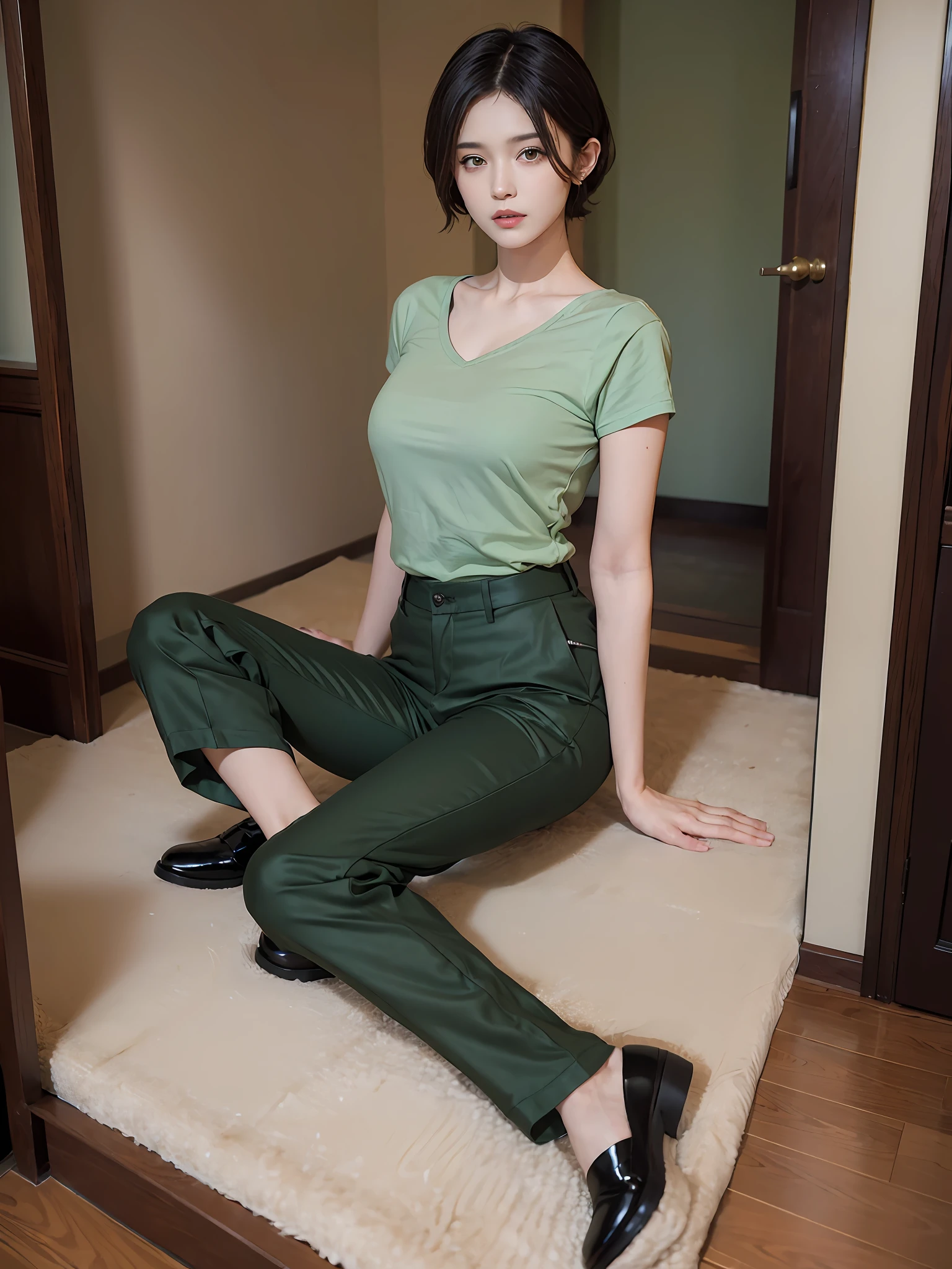 (Masterpiece:1.3), (8K, Photorealistic, RAW photo, Best quality: 1.4), (1girll), Beautiful face, (Realistic face), Short black shoulder-length hair, Nice hairstyle,photorealistic eye,Nice detail eyes,(Realistic skin),Beautiful skins,absurd res,enticing,超高分辨率,Ultra photo realsisim,The is very detailed,the golden ratio,Light green shirt,Dark green straight-leg trousers,Black shoes