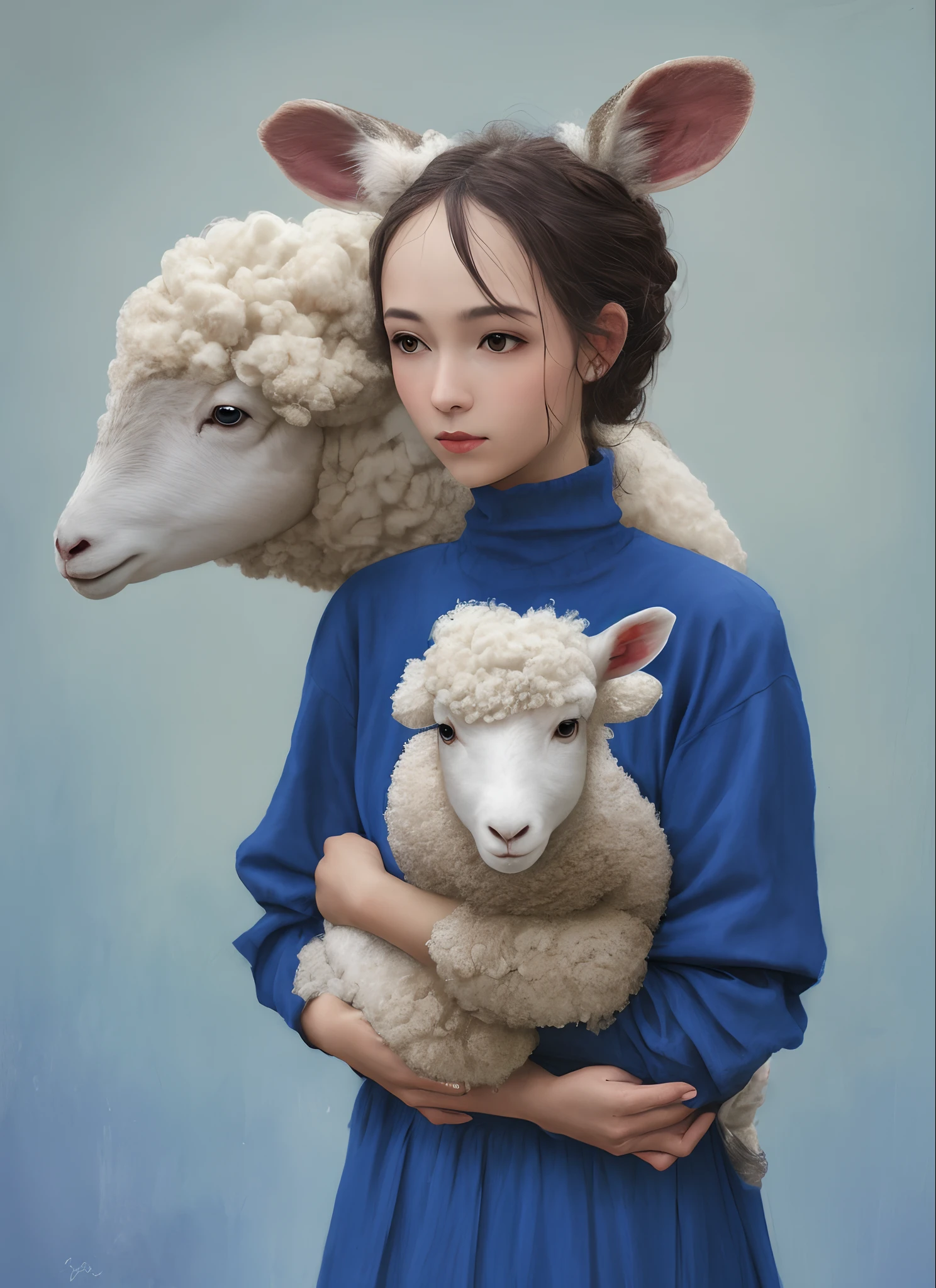 woman,lamb,blue colors