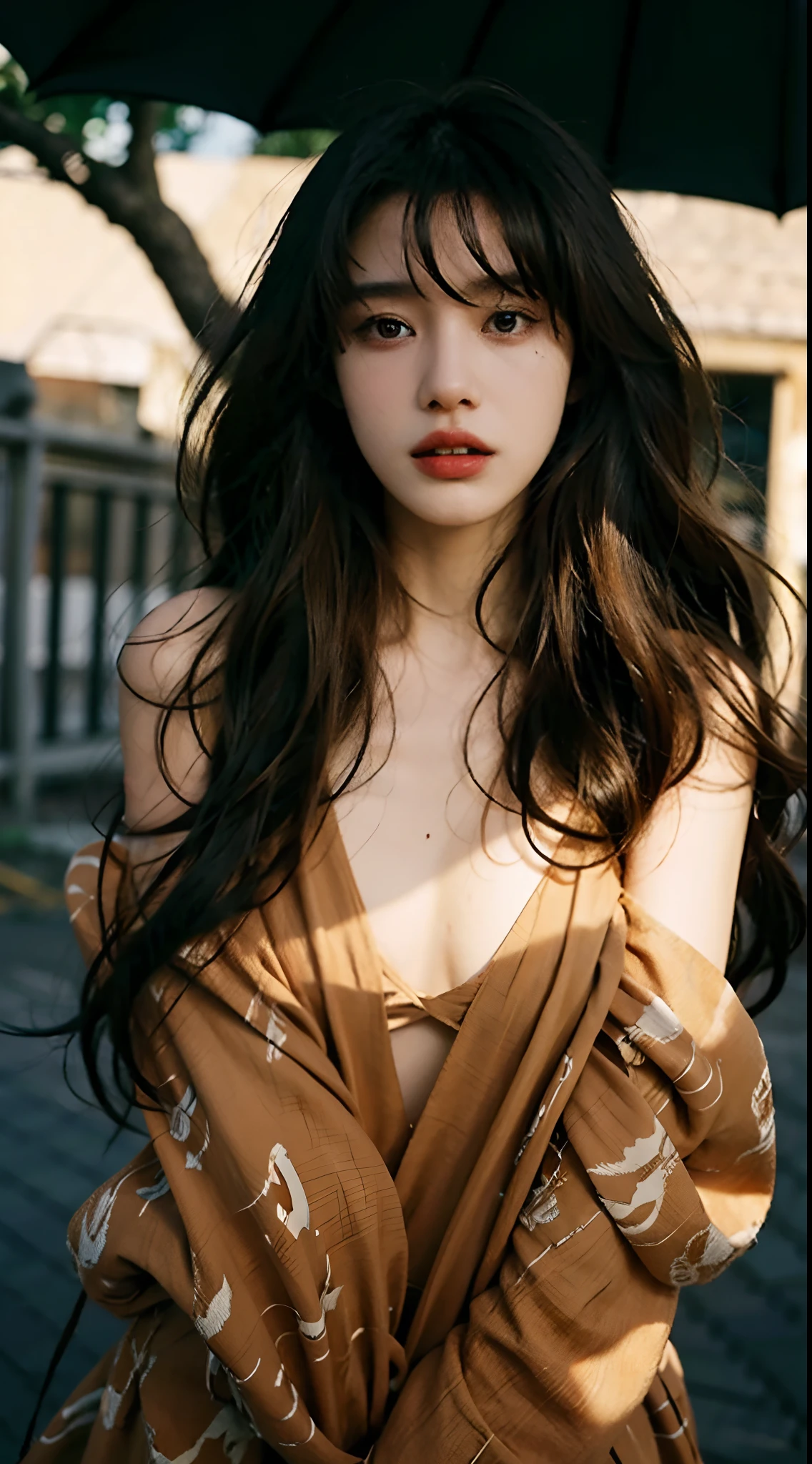 best qualtiy，tmasterpiece，超高分辨率，RAW photogr，Beautiful and beautiful，deep shading，dark themes，（realisticlying：1.4），1girll，Exquisite facial features，long whitr hair，laughingly，（The wind blows hair，Brunette bangs），print shirt，petty face，cropped shoulders），busty figure，fit body，cowboy lens，exteriors