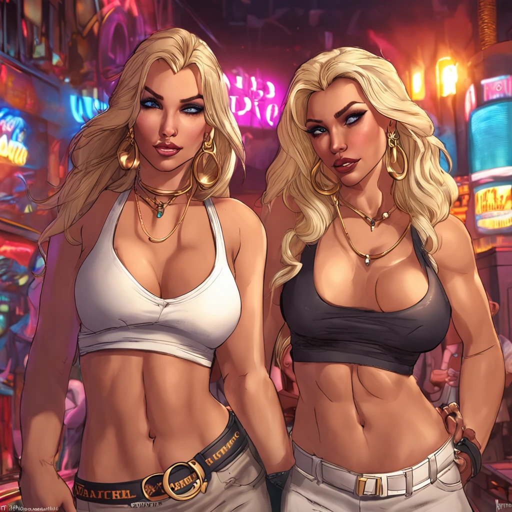 masterpiece, highest quality, 2girls, ((blonde)), ((blue eyes)), two sisters, voluptuous bodies, ((enormous breasts)), , bimbo, hoop earrings, jewelry, (white top and white pants), piercings, rings, bracelets, smirking, slutty faces, sexy face, sexy pose, detailed, ((nightclub background)), ((nightclub)), ((club))