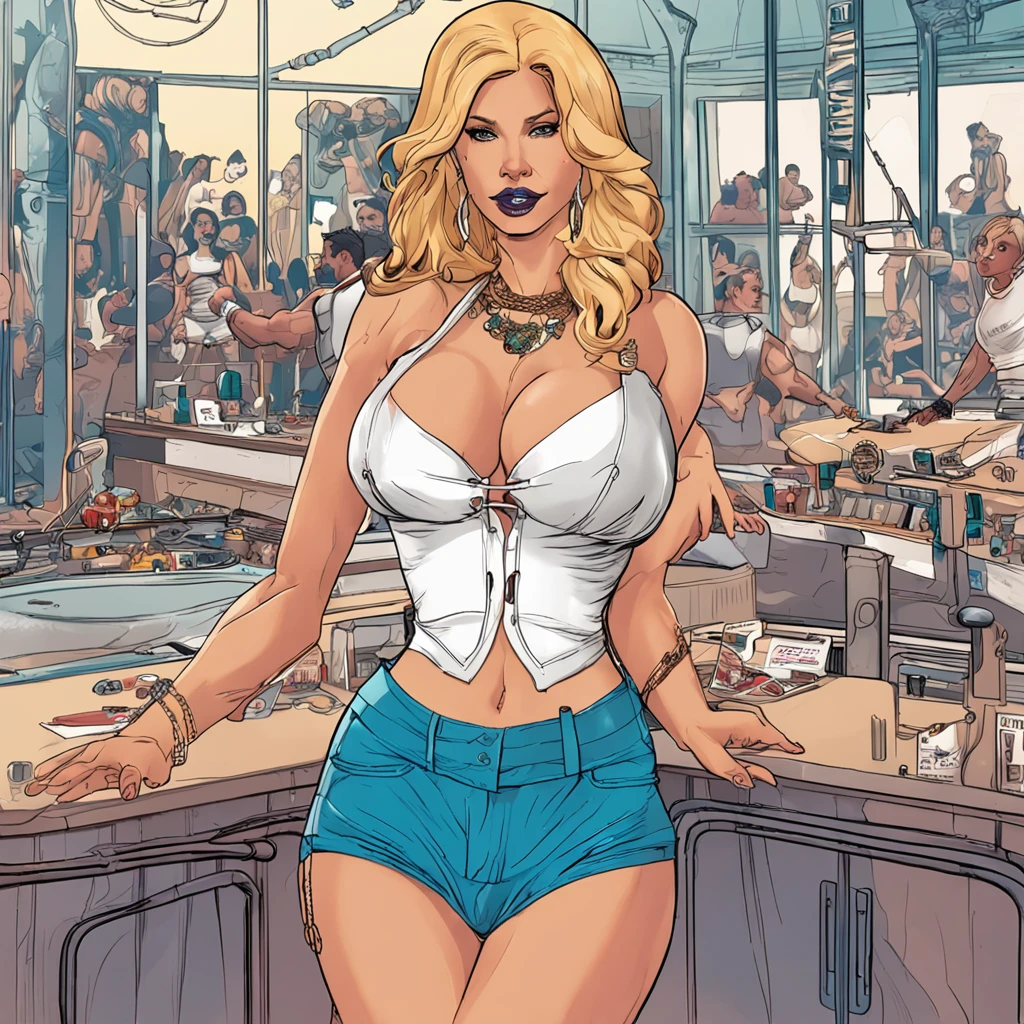 masterpiece, highest quality, 2girls, ((blonde)), ((blue eyes)), two sisters, voluptuous bodies, ((enormous breasts)), , bimbo, hoop earrings, jewelry, (white top and white pants), piercings, rings, bracelets, smirking, slutty faces, sexy face, sexy pose, detailed, ((nightclub background)), ((nightclub)), ((club))