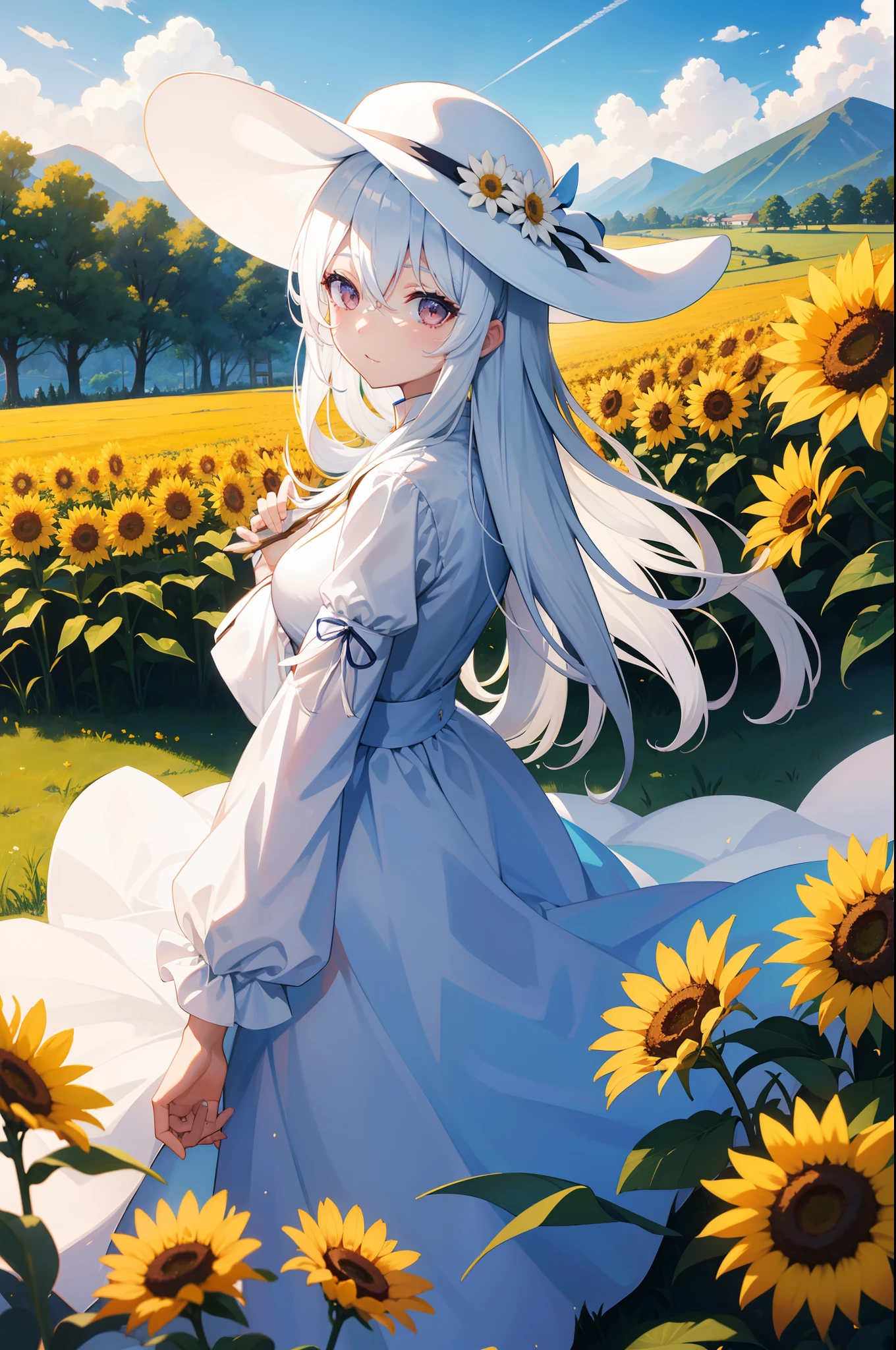 girl with、white hair、Akame、countryside、Sun flower、Hats、夏天