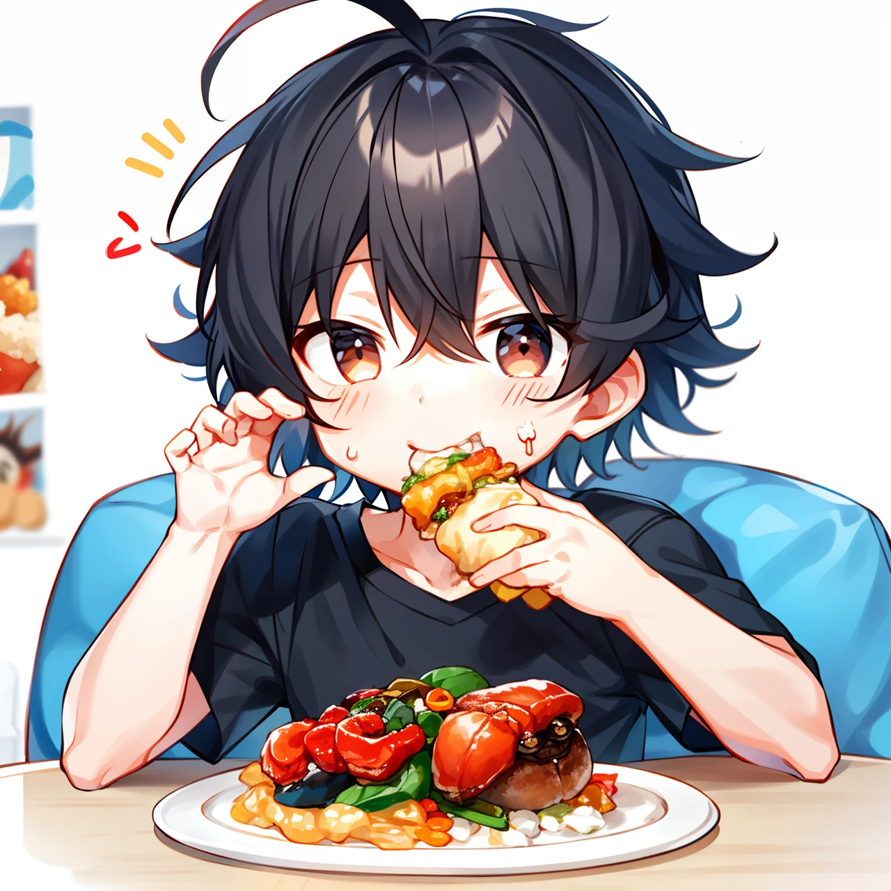 A boy mukbang seafood, small eyes, ruffled hair