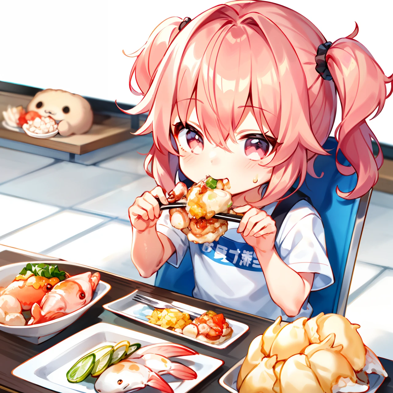 A boy mukbang seafood, small eyes, ruffled hair