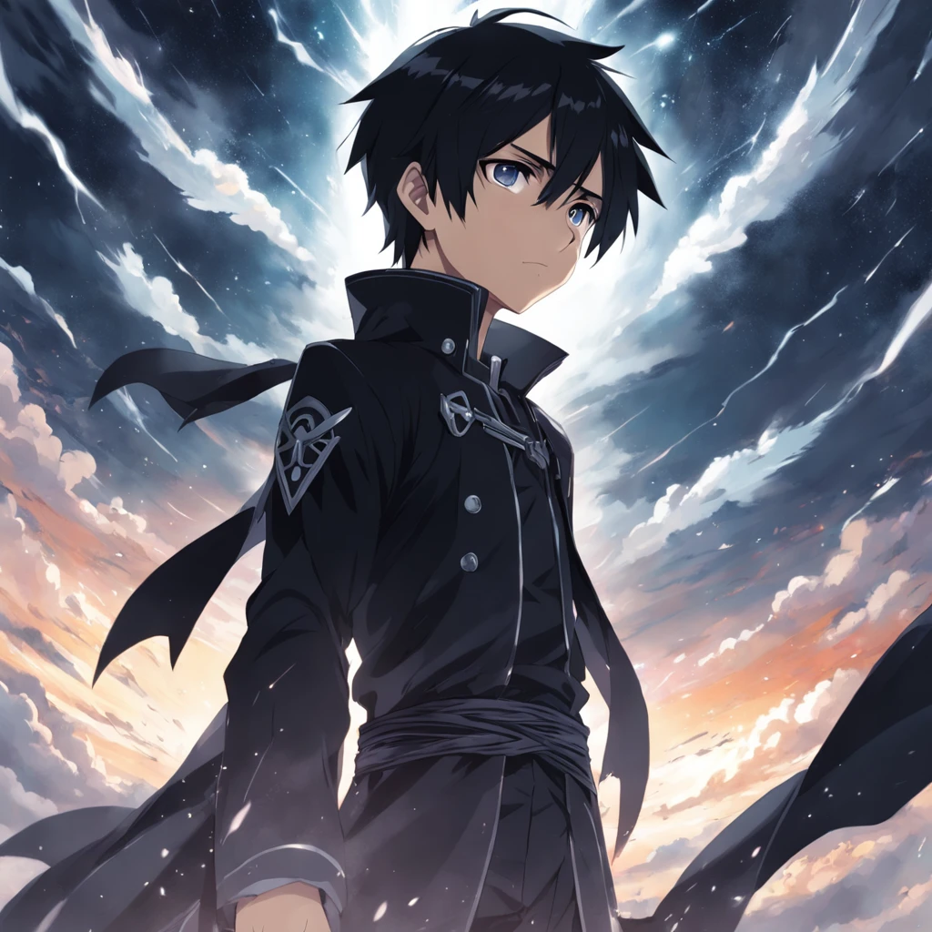 Kirito gazes at the sky, witnessing shadow creatures soaring amidst the heavens. He stands diminutive in the lower right corner, while serpentine forms dominate the epic manga scene. Illustrated with meticulous detail, the dark palette accentuates the grandeur of the celestial struggle. Kirito's expression portrays awe and determination. Soft ethereal light bathes the scene, casting an atmosphere of both wonder and impending conflict. --v 5 --stylize 1000
