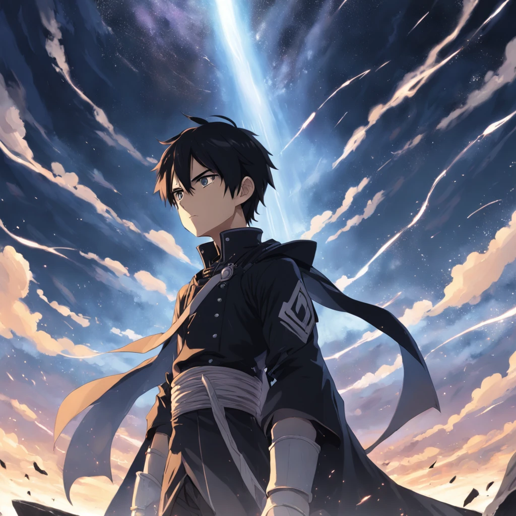 Kirito gazes at the sky, witnessing shadow creatures soaring amidst the heavens. He stands diminutive in the lower right corner, while serpentine forms dominate the epic manga scene. Illustrated with meticulous detail, the dark palette accentuates the grandeur of the celestial struggle. Kirito's expression portrays awe and determination. Soft ethereal light bathes the scene, casting an atmosphere of both wonder and impending conflict. --v 5 --stylize 1000