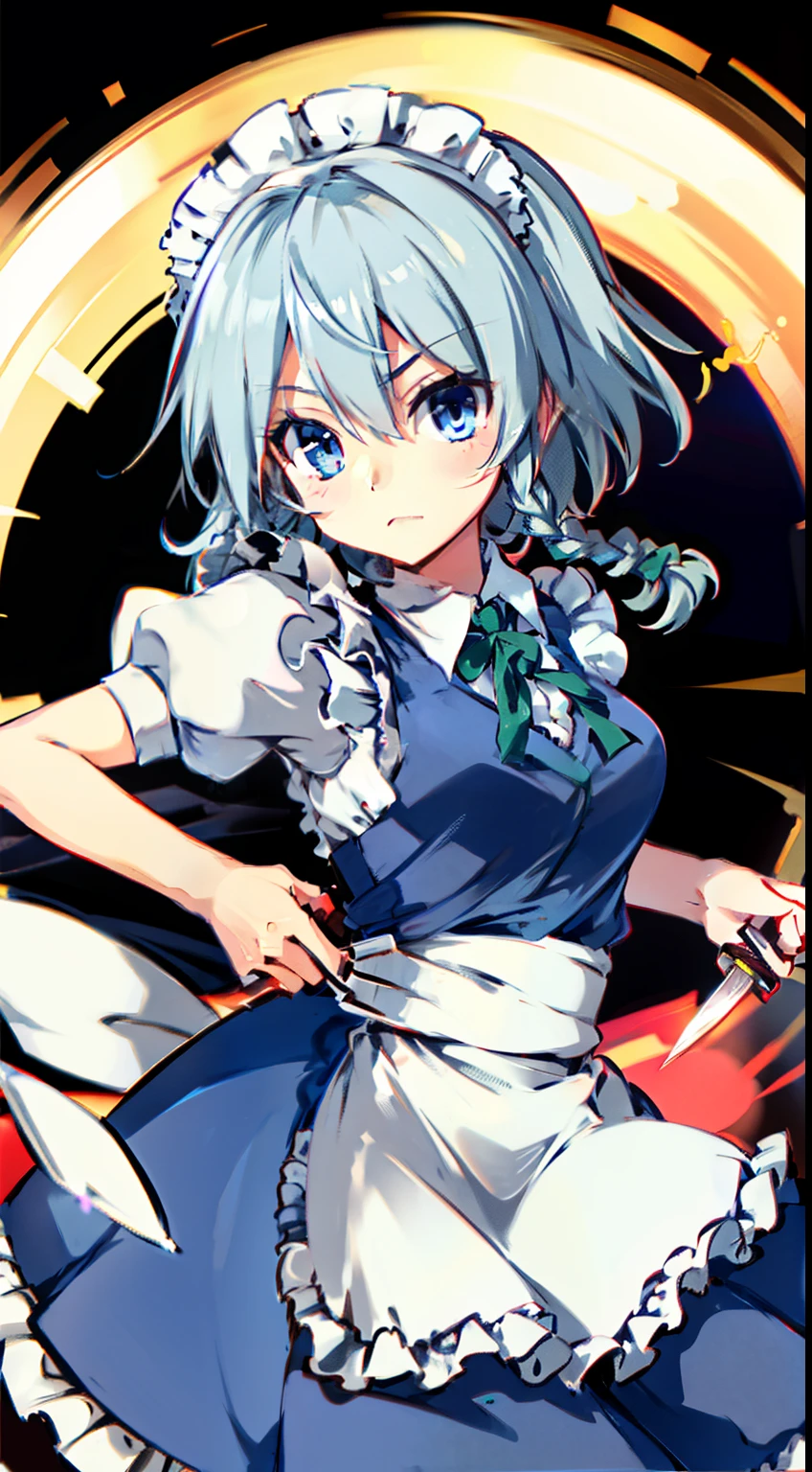 Sakuya Izayoi, Maid, holding knife, looking at camera, night