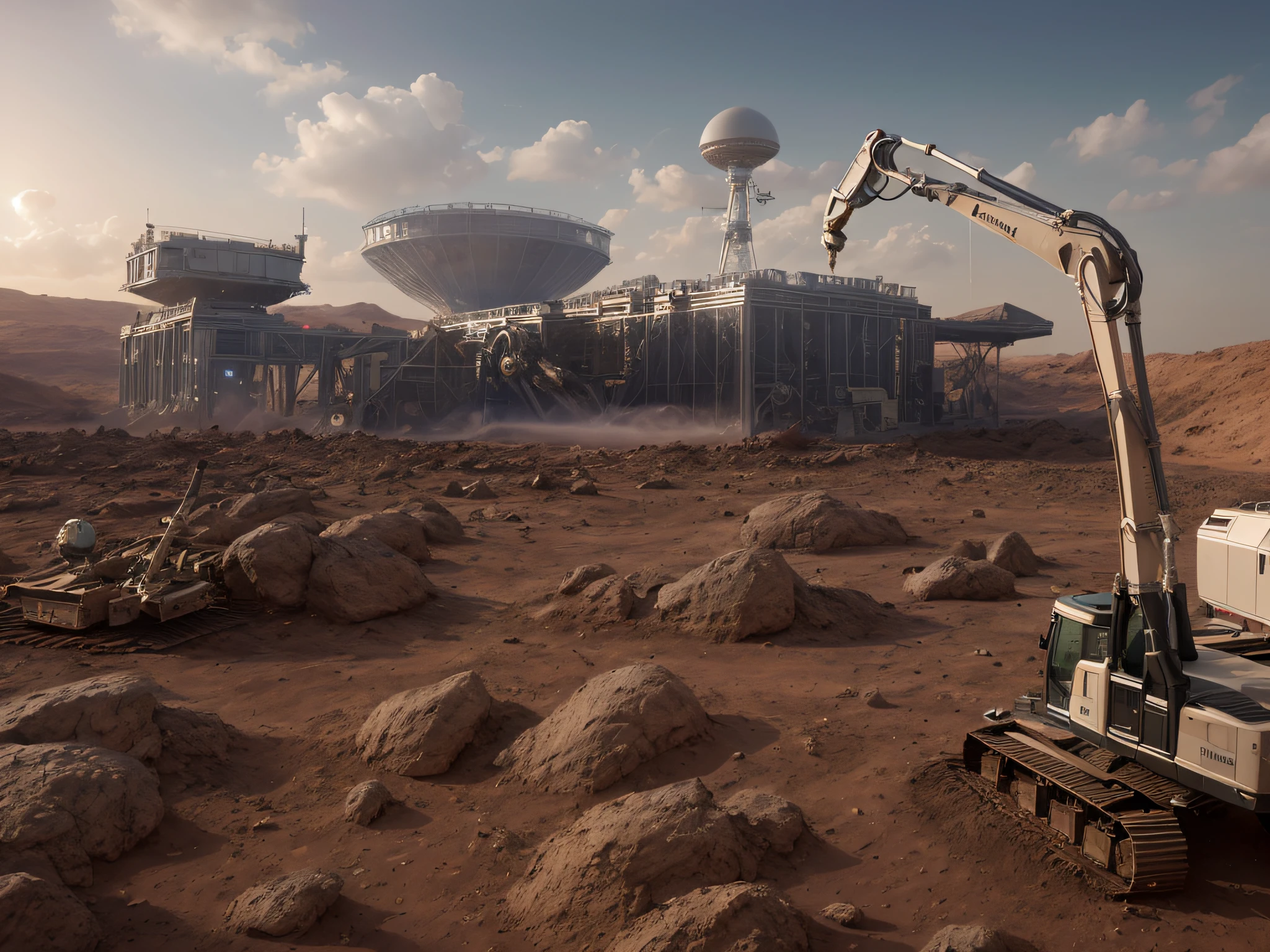 Artificial intelligence construction field, Based on Mars, Background - stars and planets, Robotic arm with sprinkler, 3D robot construction,真实感,realisticlying,top-quality,tmasterpiece,cinematic compositions,Slow motion,mostly cloudy sky,deep shading,Dark and cool tones,detail-rich、复杂,Detailed landscapes,Volumetriclighting,(Detailed lighting)8K,highly details,hyper HD,hdr