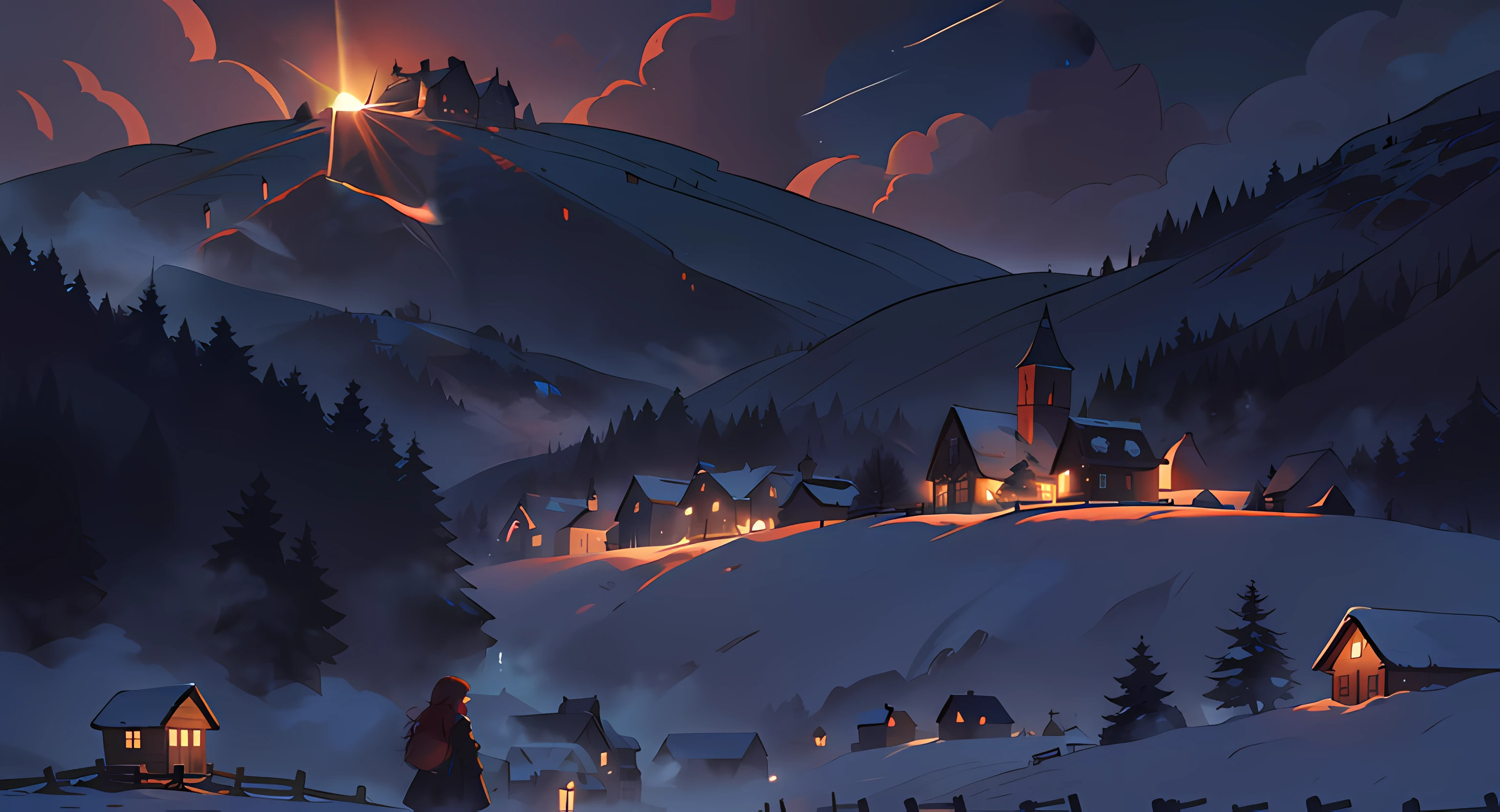 masterpiece, 4k, detailed, wide shot of a small village at the bottom of snowy hills, with a girl with red hair looking at it in the foreground, dark, dramatic, spooky lighting with fog