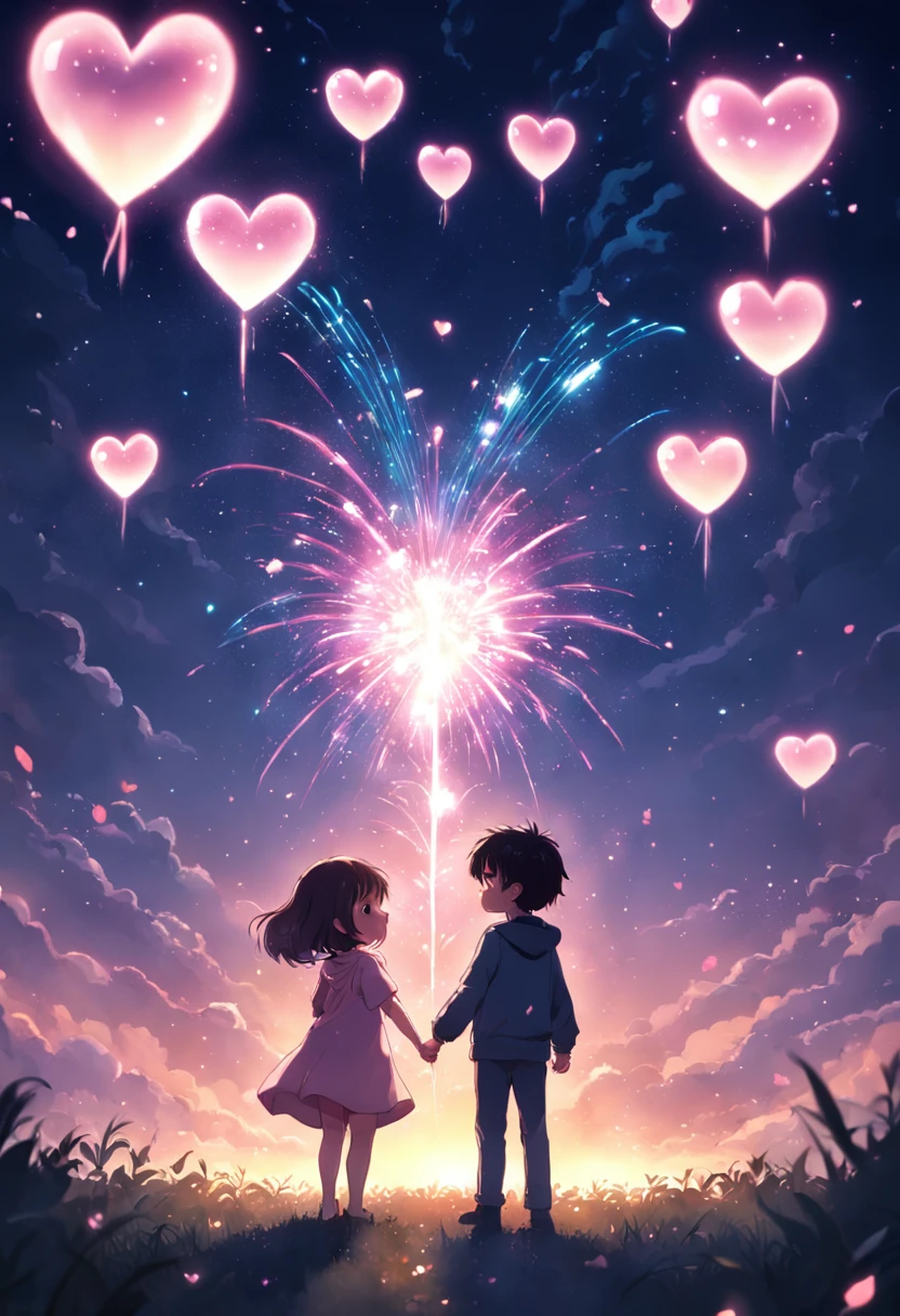 the night,In pink,Fireworks all over the sky,Heart-shaped bubbles,Child couples,Cartoony,Chubby little girl and little boy hugging each other,Glowing fireflies around,,Cute and cute,KIDS ILLUSTRATION,Glow effects,Dingdall effect,depth of fields,high light,Real light,Ray traching,oc rendered,Hyper-realistic,best qualtiy,8K,Works of masters,super-fine,Detailed pubic hair,Correct anatomy,sharp focus on eyes,Bokeh,Facial features are carefully depicted