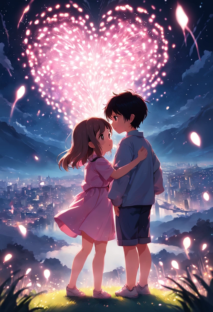 the night,In pink,Fireworks all over the sky,Heart-shaped bubbles, couples,Cartoony,Chubby littl and little boy g each other,Glowing fireflies around,,Cute and cute,KIDS ILLUSTRATION,Glow effects,Dingdall effect,depth of fields,high light,Real light,Ray traching,oc rendered,Hyper-realistic,best qualtiy,8K,Works of masters,super-fine,Detailed pubic hair,Correct anatomy,sharp focus on eyes,Bokeh,Facial features are carefully depicted
