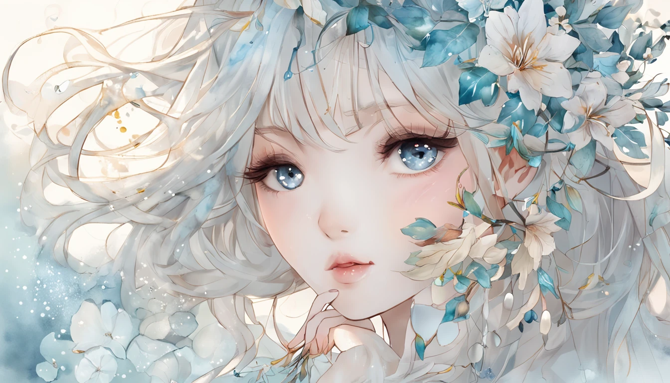 (best qualtiy，tmasterpiece), Beautiful teenage girl, Beautiful goddess, ((long  skirt, semi transparent, Floral)), Beautiful hair accessories, Maple Grove, glowworm, detailed scene, the night, starrysky, cold light, (cyan colors, white colors), ((From the side Side)), ((full bodyesbian)), ((Realistic))