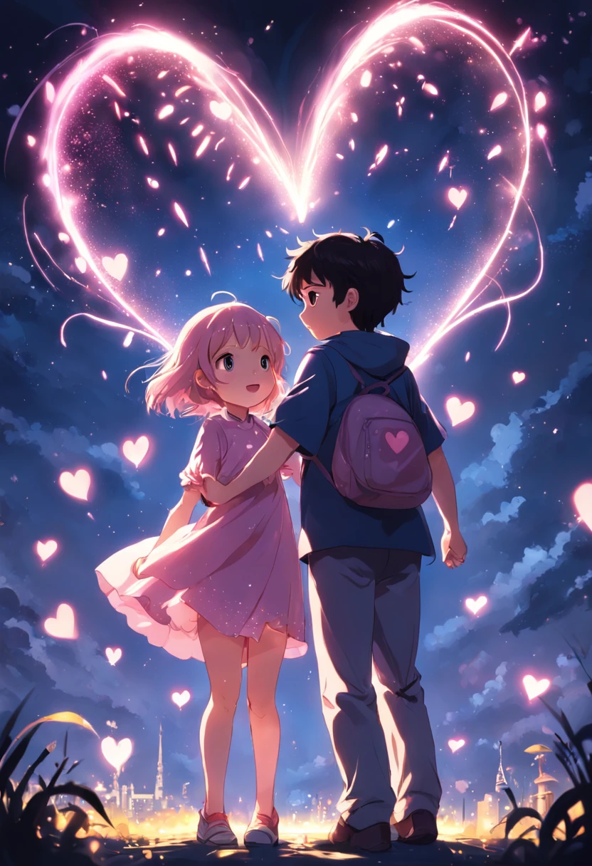 the night，In pink，Fireworks all over the sky，Heart-shaped bubbles， couples，Cartoony，Chubby littl and little boy g each other，Glowing fireflies around，，Cute and cute，KIDS ILLUSTRATION，Glow effects，Dingdall effect，depth of fields，high light，Real light，Ray traching，oc rendered，Hyper-realistic，best qualtiy，8K，Works of masters，super-fine，Detailed pubic hair，Correct anatomy，sharp focus on eyes，Bokeh，Facial features are carefully depicted