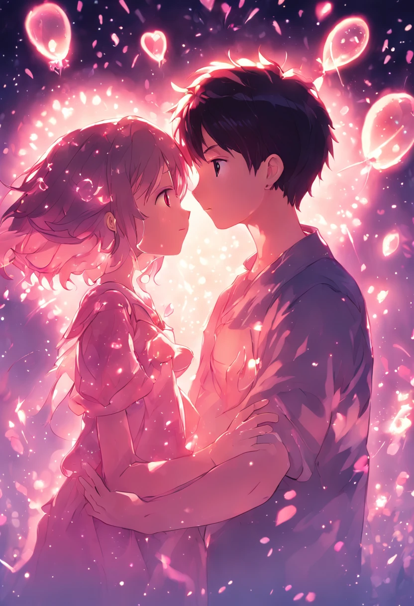 the night,In pink,Fireworks all over the sky,Heart-shaped bubbles, couples,Cartoony,Chubby littl and little boy g each other,Glowing fireflies around,,Cute and cute,KIDS ILLUSTRATION,Glow effects,Dingdall effect,depth of fields,high light,Real light,Ray traching,oc rendered,Hyper-realistic,best qualtiy,8K,Works of masters,super-fine,Detailed pubic hair,Correct anatomy,sharp focus on eyes,Bokeh,Facial features are carefully depicted