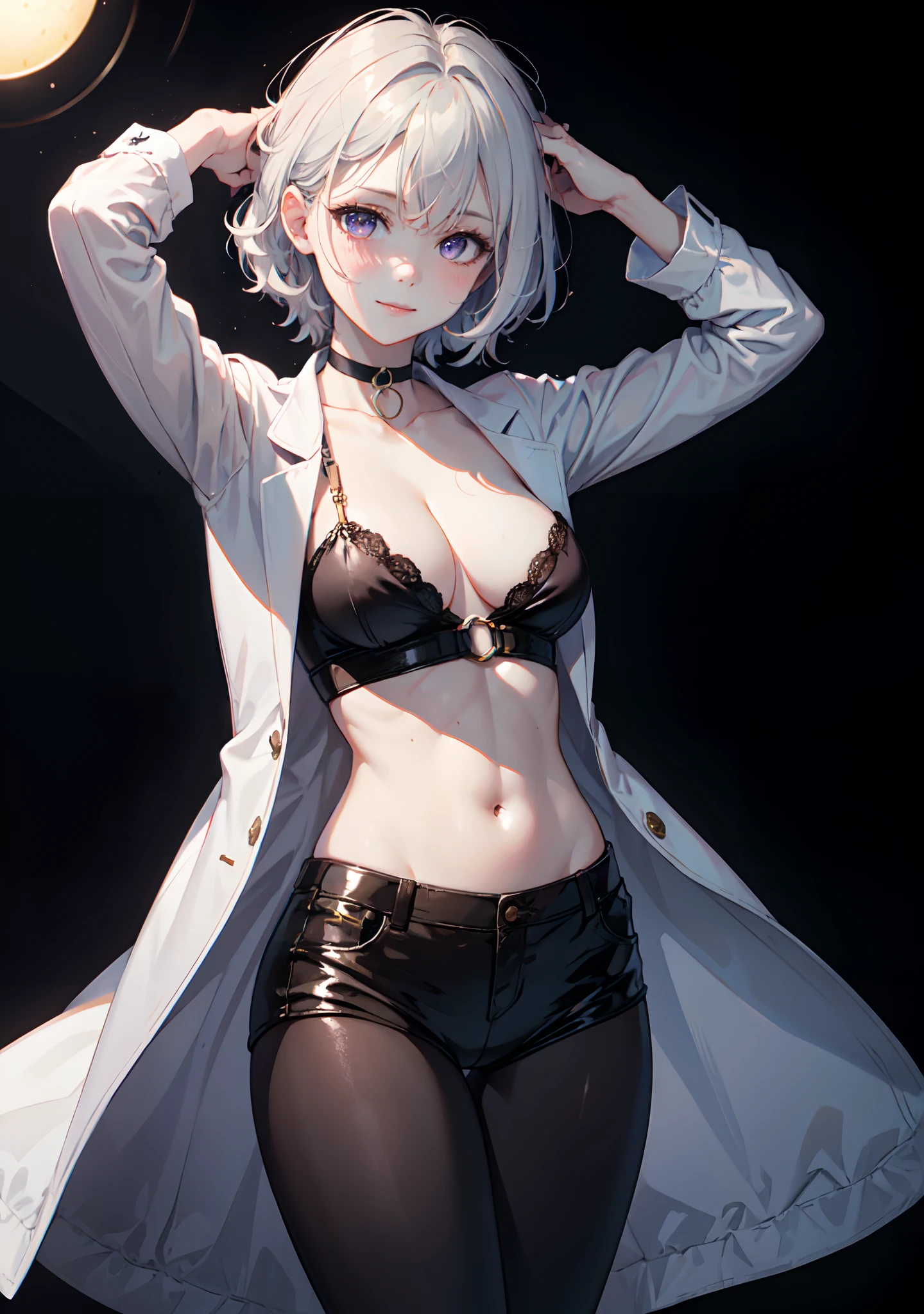 (masterpiece, best quality:1.2), cowboy shot, solo, 1girl, realistic white hair, short wavy hair, purple eyes, average breasts, slender body, light smile, blush, looking at viewer, arms up, hands behind head, dark business suit, deep cleavage, midriff, navel, (braless), black pants, choker, office, night light, night time