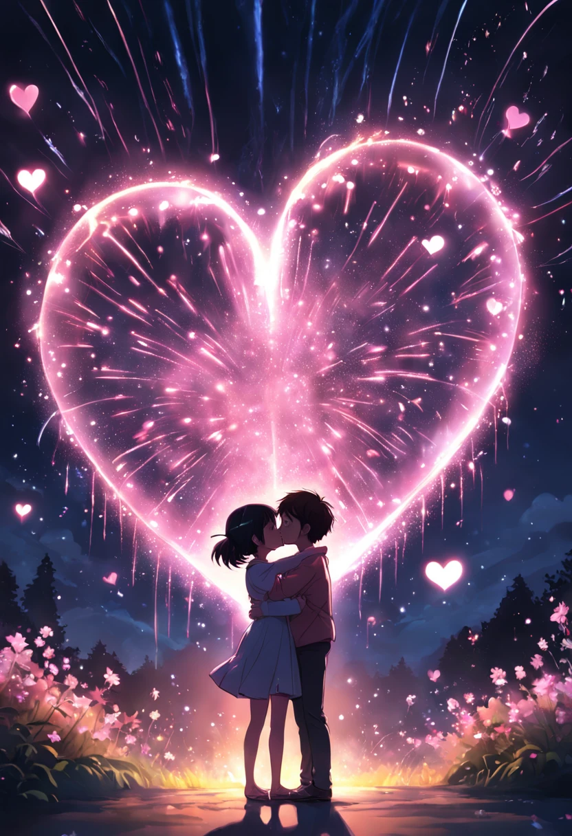 the night,In pink,Fireworks all over the sky,Heart-shaped bubbles, couples,Cartoony,Chubby littl and little boy g each other,Glowing fireflies around,,Cute and cute,KIDS ILLUSTRATION,Glow effects,Dingdall effect,depth of fields,high light,Real light,Ray traching,oc rendered,Hyper-realistic,best qualtiy,8K,Works of masters,super-fine,Detailed pubic hair,Correct anatomy,sharp focus on eyes,Bokeh,Facial features are carefully depicted