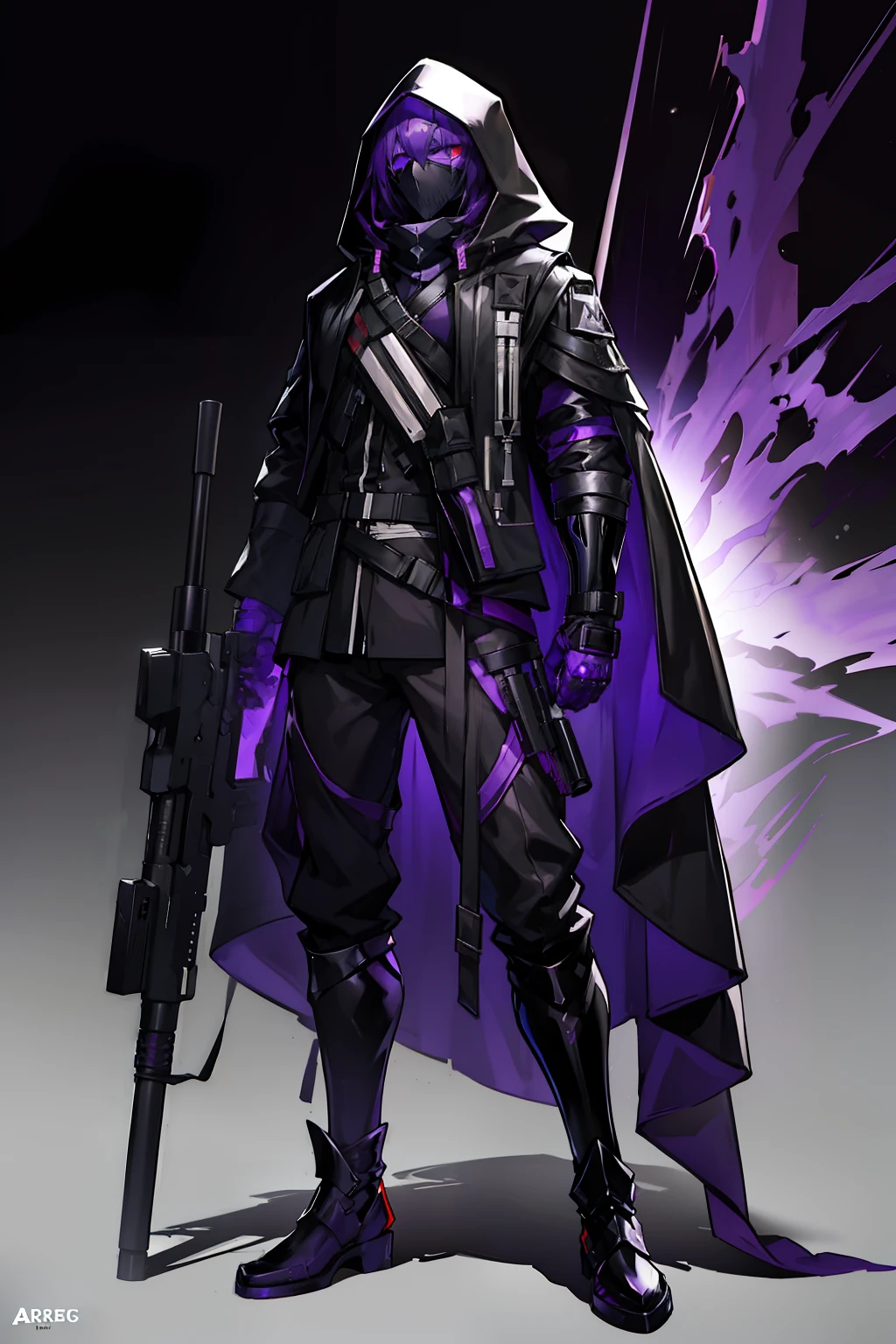 hooded figure, masked, purple glowing eyes, menacing, buff, gloves, purple trims, dark clothing, arknights character, arknights style, (masterpiece), cargo pants, belts. robe, coat, masked face, sniper rifle, holding a sniper, resting pose, standing up, fullbody, dark outfit