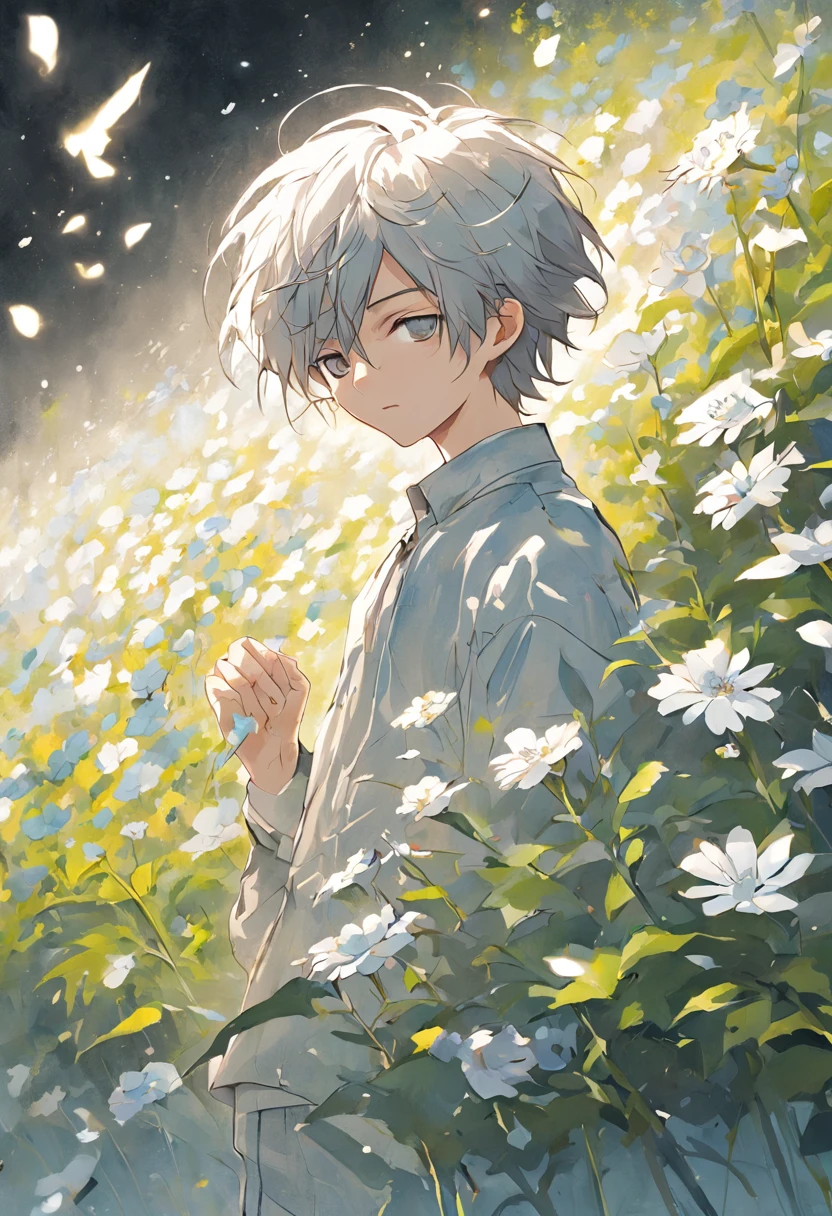 Blooming flowers flutter in the wind，The boy in the flower，Light white and silver design，Pay attention to the texture of the skin and flowers，Sony FE 12-24mm F/2.8 gm，Impressionist garden，Proficient in calligraphy，eco-friendly craftsmanship，a bit Brush stroke exploration,((he has a white medical eye patch on his right eye))