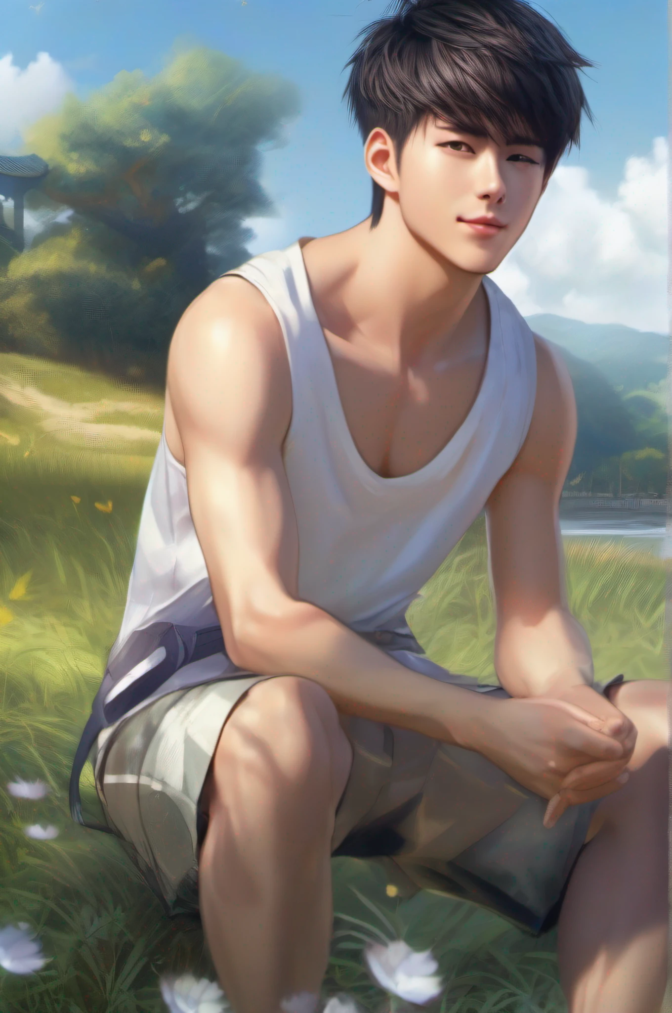 A handsome young Chinese man,Square face,largeeyes,Masculine temperament,With a smile, Wear a sports vest, Extra short sports shorts, Reveal full muscles, extra very short hair, The barefoot,Sit cross-legged on the riverside meadow,High-resolution photo of the front of the whole body。
