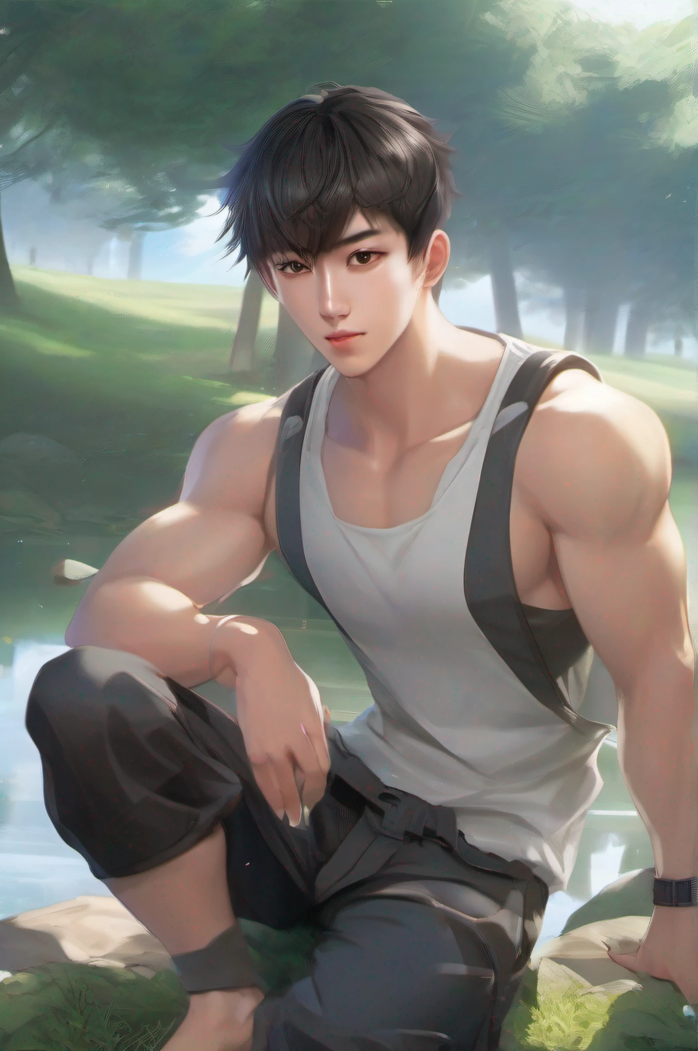A handsome young Chinese man,Square face,largeeyes,Masculine temperament,With a smile, Wear a sports vest, Extra short sports shorts, Reveal full muscles, extra very short hair, The barefoot,Sit cross-legged on the riverside meadow,High-resolution photo of the front of the whole body。