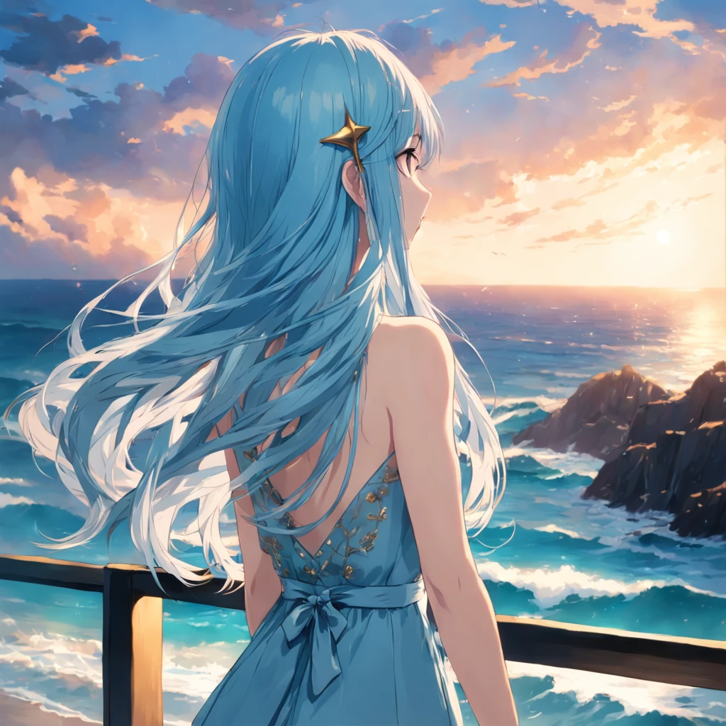 Long light blue hair,Deep golden pupils,Silk dress,A sweet girl, looking at the sea ((back view photo))