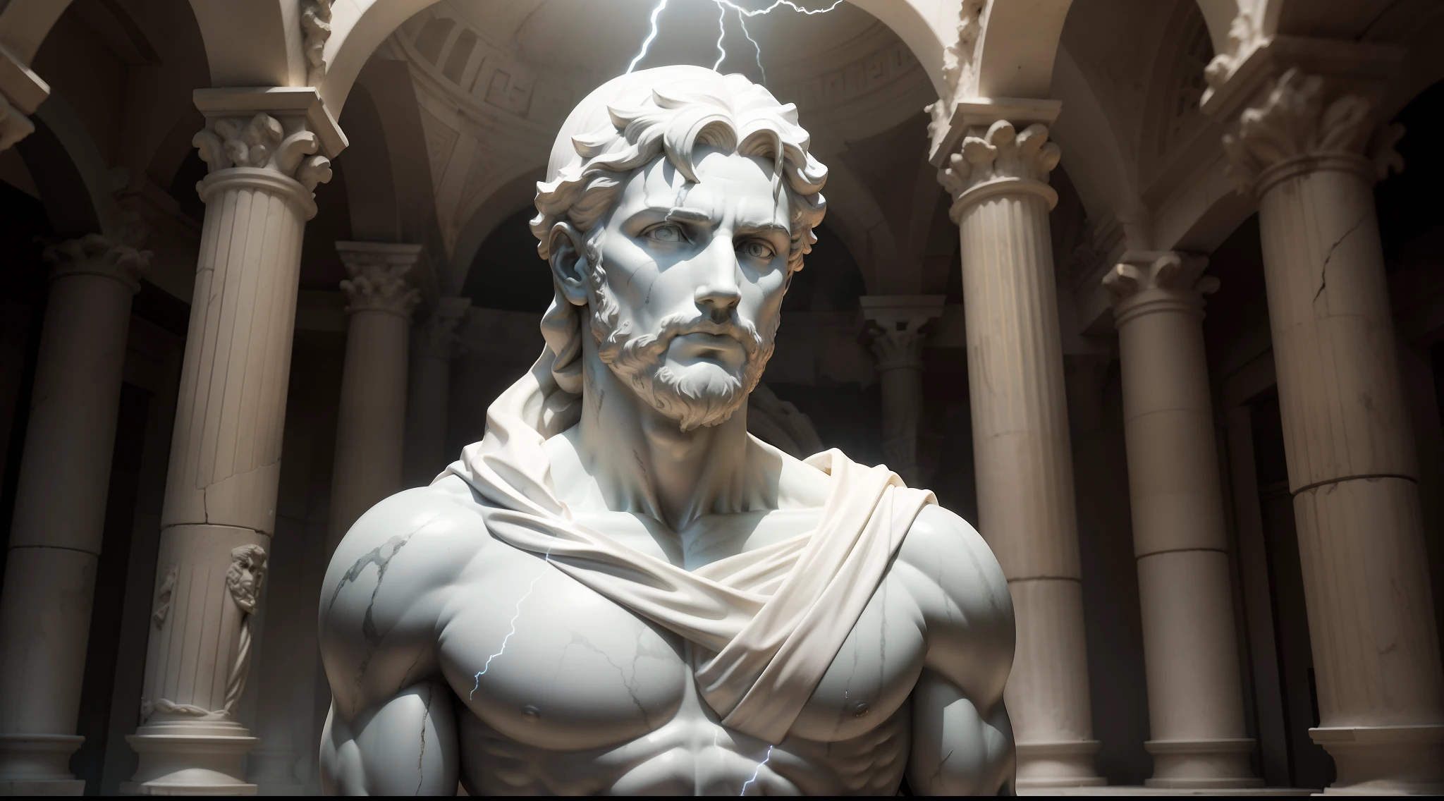 Cesar Greek statue marble sculpture portrait of a face of god in a destroyed place, barba, musculoso, corpo inteiro, with a spleen lifting a lightning bolt, Cinematography, epic light and shadow, alto contraste, fotografia profissional