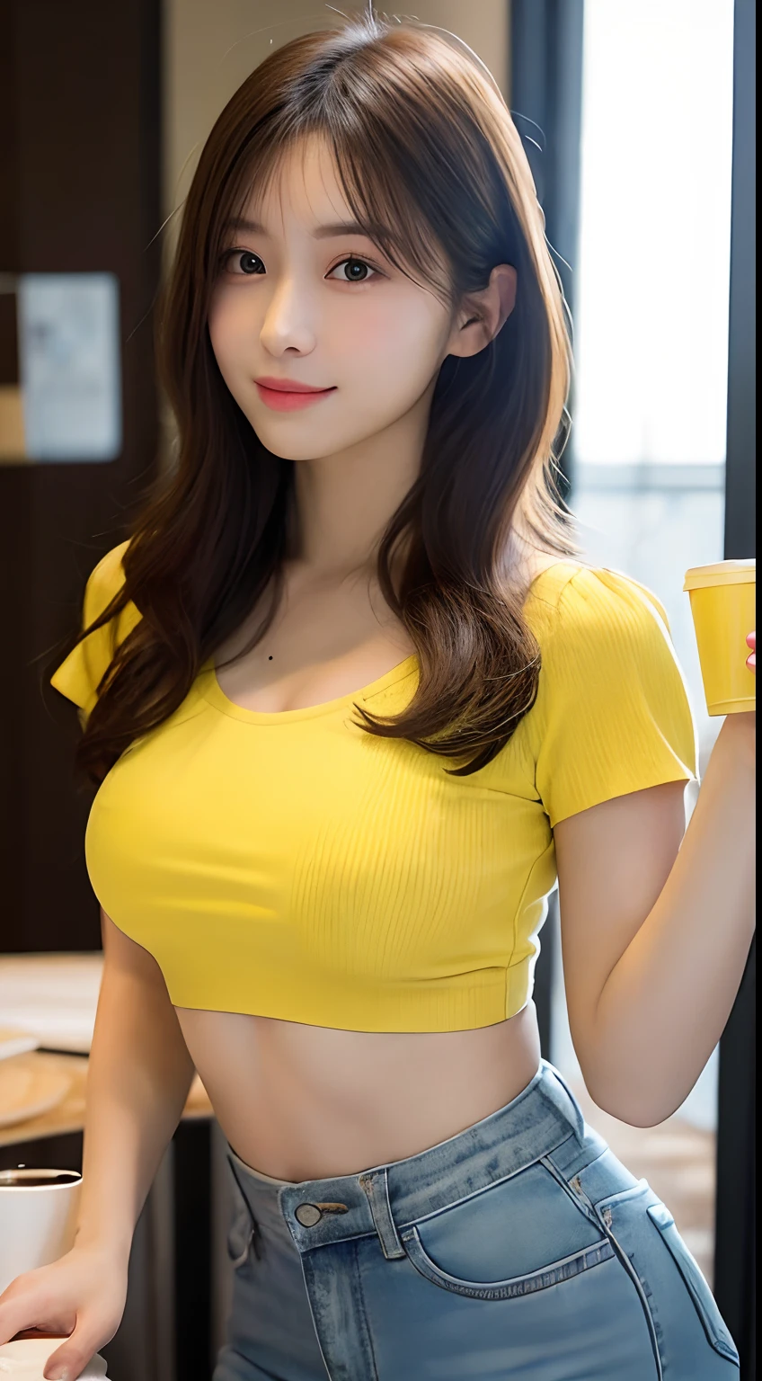 ((yellow short sleeve blouse)),((yellow long pants)),((busty)),(cleavage exposed)),((wearing a small bra)),((The cleavage is exposed and the nipples are visible.)),((sweating a lot)),((I haven't showered in 5 weeks)),((Sweat smells from my chest)),((There is a cancerous smell from the armpits)),((Smelling odor from the groin)),((I didn’t wash my hair so my hair became matted)),((There's a foul smell coming from my pussy)),((A stinging smell comes from the pee hole.)),((Poop coming from the anus)),((smelly feet)),((innocent)),((Pretty lady))