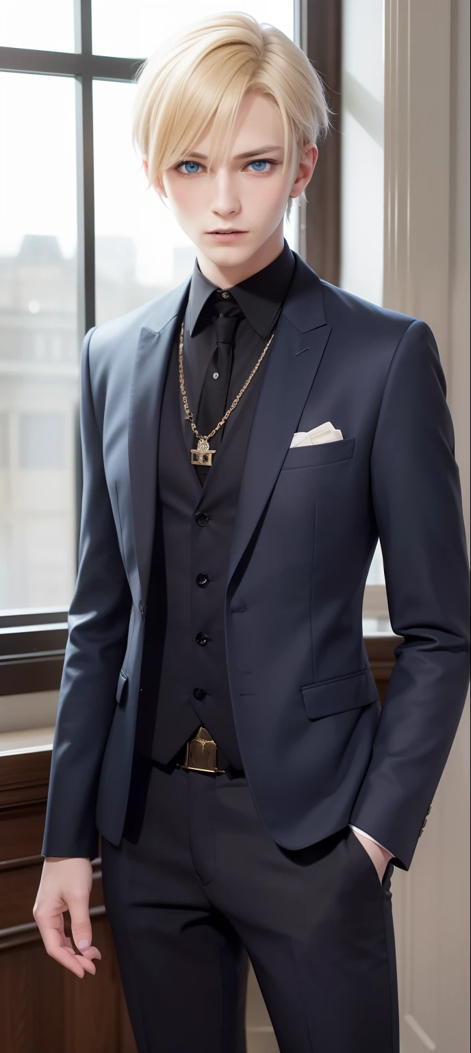masterpiece, top-quality, 2Others, 1male people,, Adults, Height difference, different color, finely eye and detailed face, intricate detailes, Wizarding World Costumes, Inside the coffee shop, During the walk, A smile, Happiness, tenderness, youthfulness, high-level image quality、 beautiful man、tall、window、𝓡𝓸𝓶𝓪𝓷𝓽𝓲𝓬、British men, Idol Photos, k pop, Professional Photos, ((Vampire Man)), Fedoman with necklace, inspired by Sim Sa-jeong, androgynous vampire, :9 detailed face: 8, extra detailed face, detailed punk hair, ((Light blue eyes)) baggy eyes, Seductive. Highly detailed, semi realistic anime, Vampires, hyperrealistic teen, delicate androgynous prince, imvu, short hair above the ears, Man with short hair, Smiling, Gentle expression, ((British man with short blonde hair and light blue eyes)),