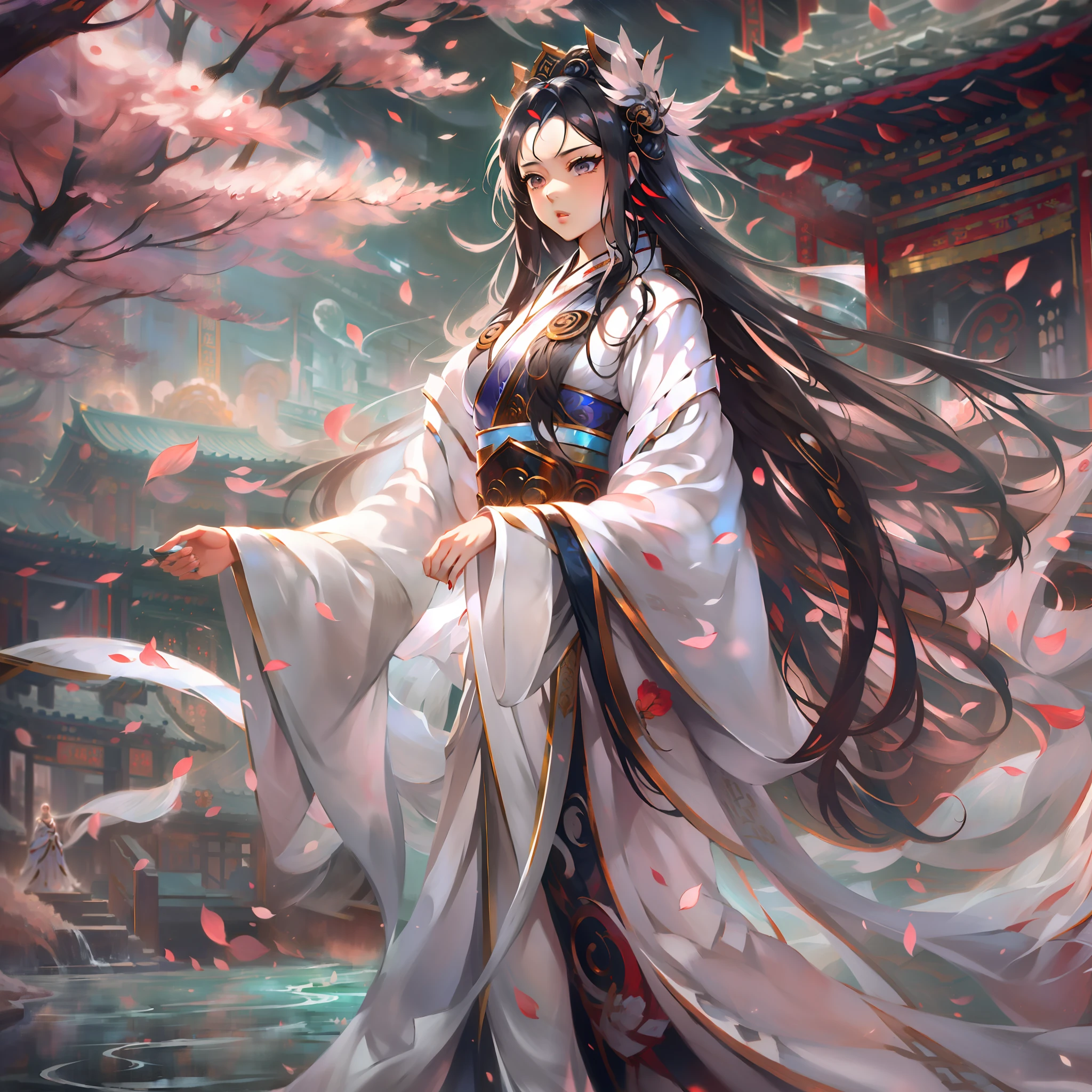 Anime girls in white and black dresses，Long hair shawl，((a beautiful fantasy empress))，palace，A girl in Hanfu，a beautiful fantasy empress，heise jinyao，anime goddess，flowing hair and long robes，lovely languid princess，onmyoji portrait，inspired by Ma Yuanyu，flowing white robe，sakura petals around her。