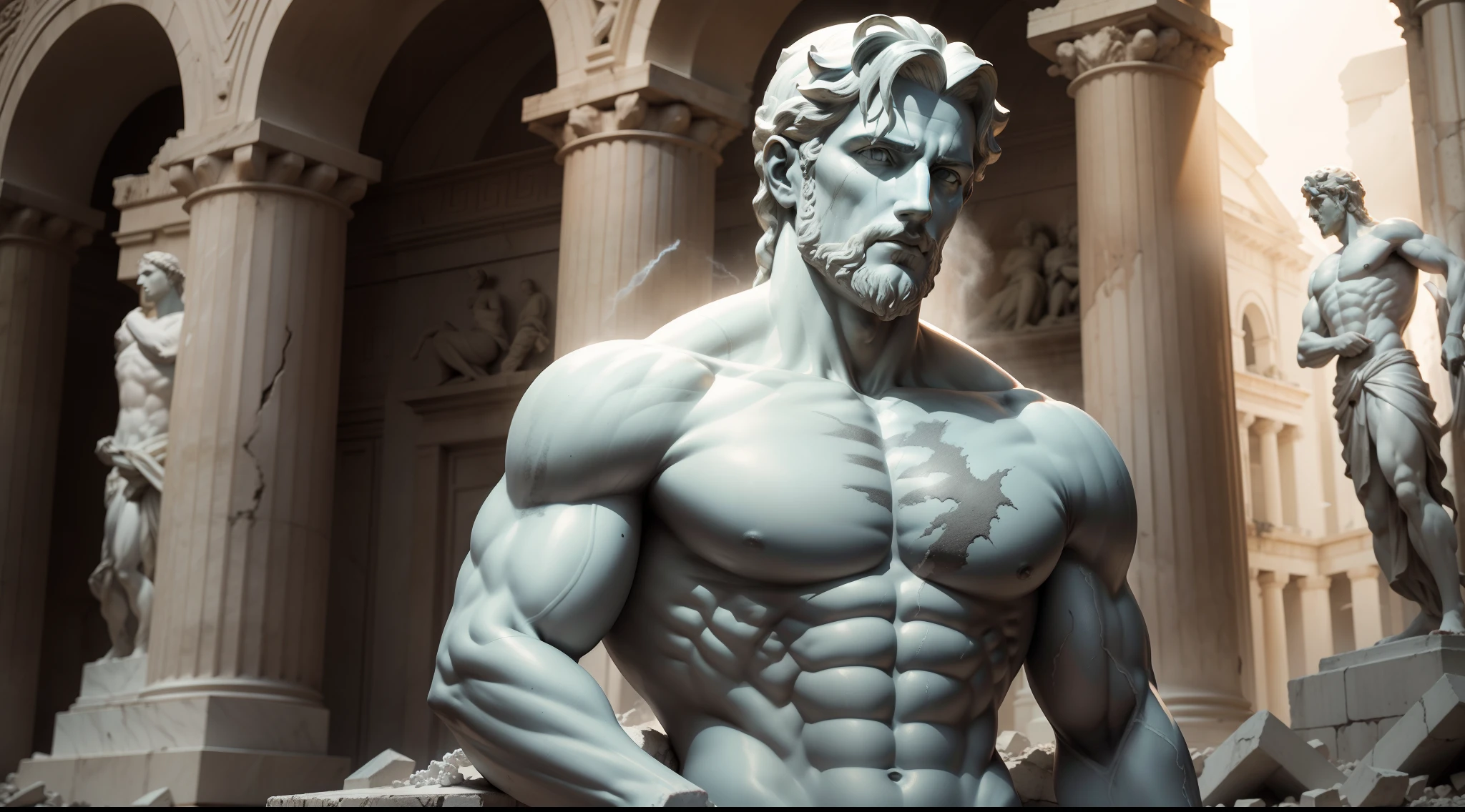 Cesar Greek statue marble sculpture portrait of a face of god in a destroyed place, barba, musculoso, corpo inteiro, with a spleen lifting a lightning bolt, Cinematography, epic light and shadow, alto contraste, fotografia profissional
