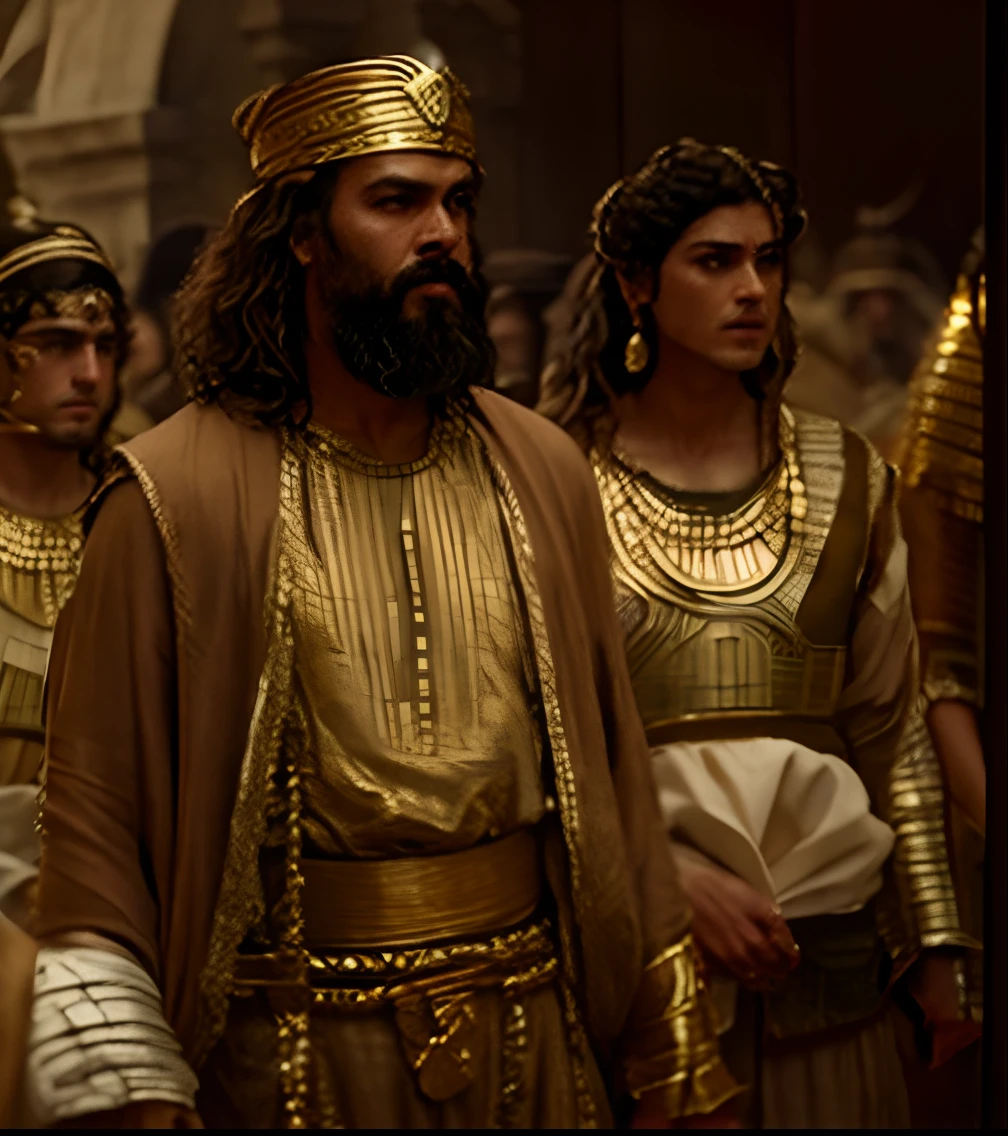 A closeup of a costumed man standing in a crowd, biblical epic movie, jason momoa as assyrian, biblical clothing, cena do filme live action, cena de Duna 2 0 2 1 filme, ainda de um filme live action, ainda de um filme de fantasia, captura de tela de um filme, still image from tv series, Nicodemos