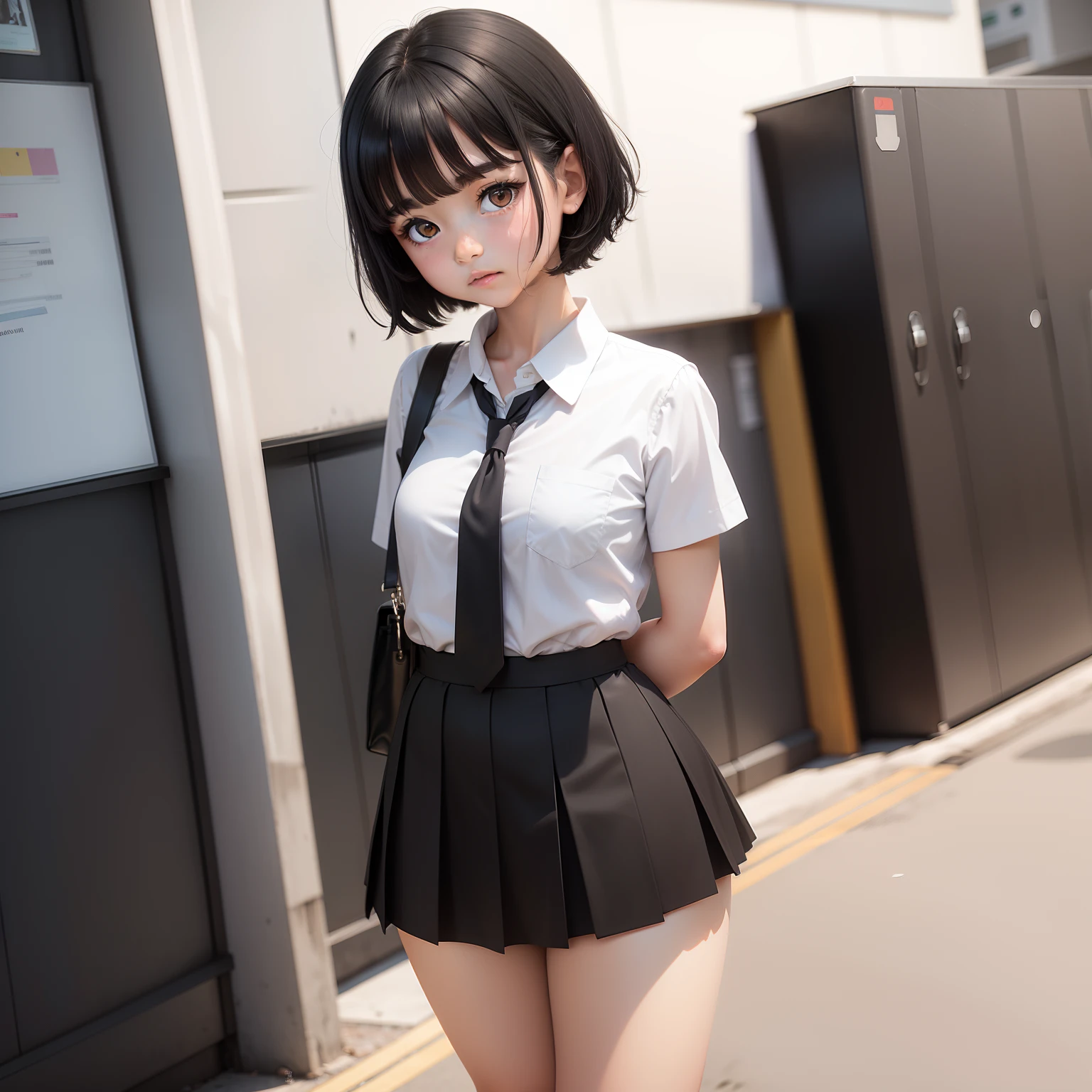 Shy young girl, short black hair, white eyes, slim curvy body, school uniform with short skirt, short white socks, and loafers.