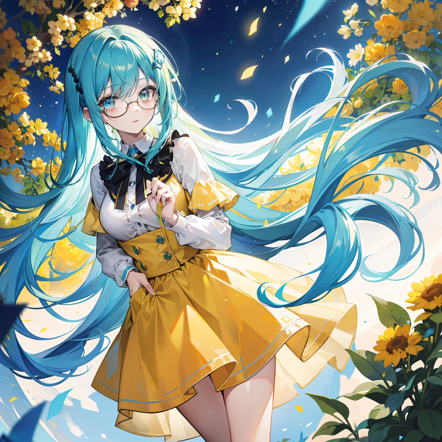 Long light yellowish blue hair，Plain yellow and blue with clothes，There are green and reddish-brown ornaments as decorations，With black-framed glasses，She is a lovely intellectual beautiful girl