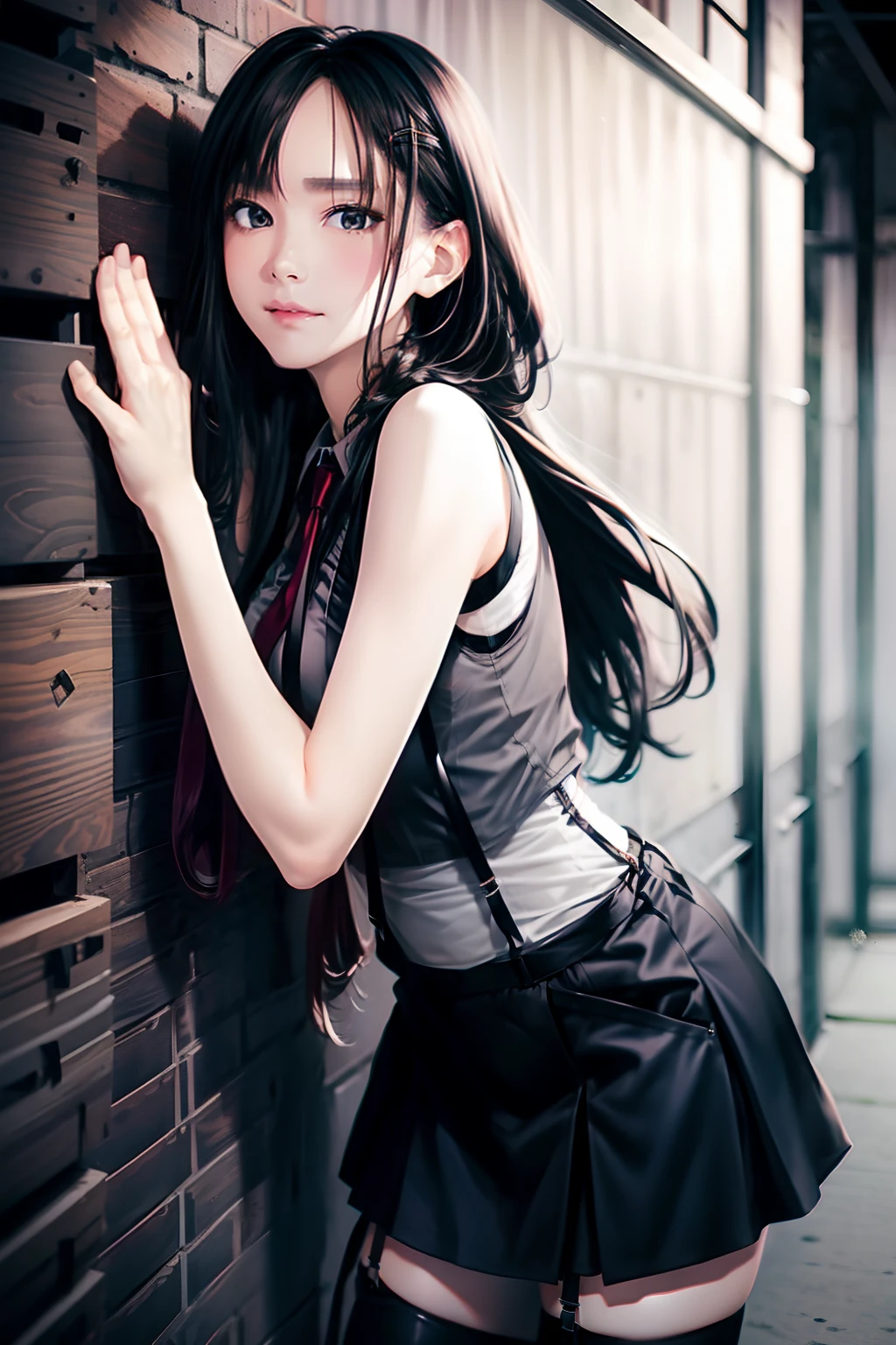 a black skirt, neck tie, Tank tops　suspenders, Long Black Hair, Gray eyes, holster, Garter belt on the legs, , Moderately breasts, Pichi Pichi clothes, both sides　deadpan　Behind