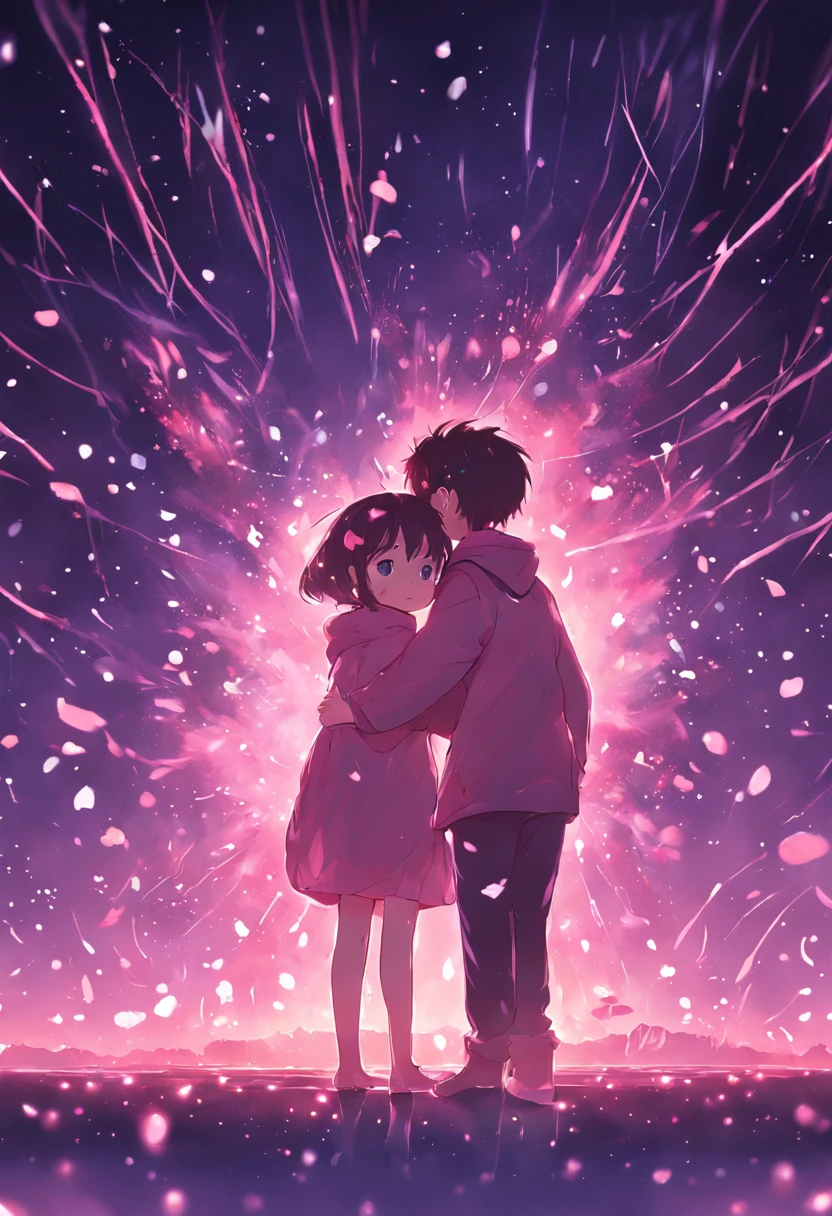 the night,In pink,Fireworks all over the sky,Heart-shaped bubbles, couples,Cartoony,Chubby littl and little boy g each other,Glowing fireflies around,,Cute and cute,KIDS ILLUSTRATION,Glow effects,Dingdall effect,depth of fields,high light,Real light,Ray traching,oc rendered,Hyper-realistic,best qualtiy,8K,Works of masters,super-fine,Detailed pubic hair,Correct anatomy,sharp focus on eyes,Bokeh,Facial features are carefully depicted