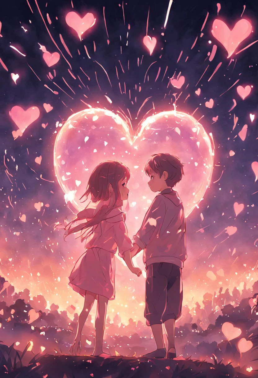 the night,In pink,Fireworks all over the sky,Heart-shaped bubbles,Child couples,Cartoony,Chubby little girl and little boy hugging each other,Glowing fireflies around,,Cute and cute,KIDS ILLUSTRATION,Glow effects,Dingdall effect,depth of fields,high light,Real light,Ray traching,oc rendered,Hyper-realistic,best qualtiy,8K,Works of masters,super-fine,Detailed pubic hair,Correct anatomy,sharp focus on eyes,Bokeh,Facial features are carefully depicted