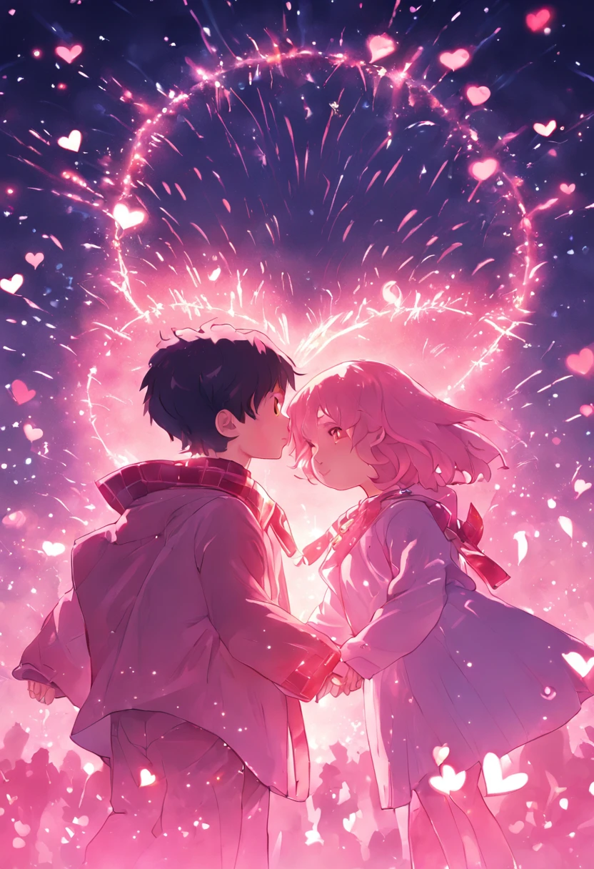 the night，In pink，Fireworks all over the sky，Heart-shaped bubbles，Child couples，Cartoony，Chubby little girl and little boy hugging each other，Glowing fireflies around，，Cute and cute，KIDS ILLUSTRATION，Glow effects，Dingdall effect，depth of fields，high light，Real light，Ray traching，oc rendered，Hyper-realistic，best qualtiy，8K，Works of masters，super-fine，Detailed pubic hair，Correct anatomy，sharp focus on eyes，Bokeh，Facial features are carefully depicted