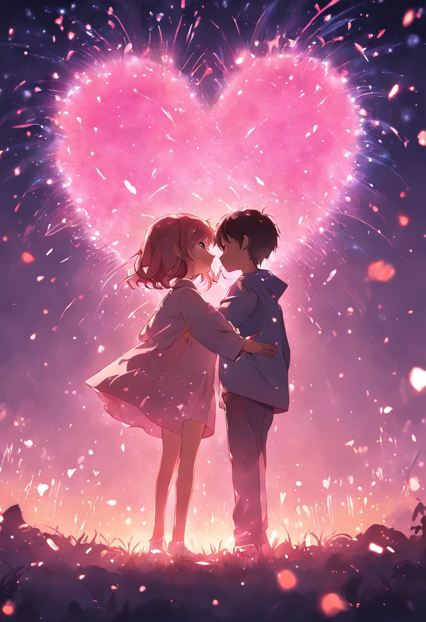 the night,In pink,Fireworks all over the sky,Heart-shaped bubbles, couples,Cartoony,Chubby littl and little boy g each other,Glowing fireflies around,,Cute and cute,KIDS ILLUSTRATION,Glow effects,Dingdall effect,depth of fields,high light,Real light,Ray traching,oc rendered,Hyper-realistic,best qualtiy,8K,Works of masters,super-fine,Detailed pubic hair,Correct anatomy,sharp focus on eyes,Bokeh,Facial features are carefully depicted