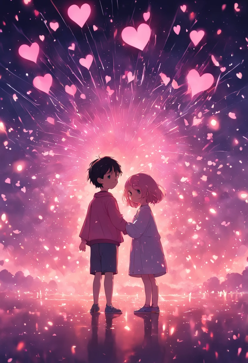 the night，In pink，Fireworks all over the sky，Heart-shaped bubbles，Child couples，Cartoony，Chubby little girl and little boy hugging each other，Glowing fireflies around，，Cute and cute，KIDS ILLUSTRATION，Glow effects，Dingdall effect，depth of fields，high light，Real light，Ray traching，oc rendered，Hyper-realistic，best qualtiy，8K，Works of masters，super-fine，Detailed pubic hair，Correct anatomy，sharp focus on eyes，Bokeh，Facial features are carefully depicted