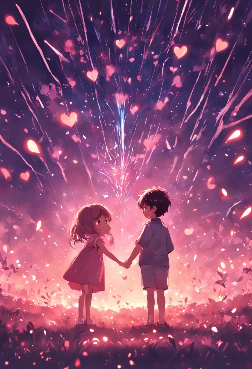 the night，In pink，Fireworks all over the sky，Heart-shaped bubbles，Child couples，Cartoony，Chubby little girl and little boy hugging each other，Glowing fireflies around，，Cute and cute，KIDS ILLUSTRATION，Glow effects，Dingdall effect，depth of fields，high light，Real light，Ray traching，oc rendered，Hyper-realistic，best qualtiy，8K，Works of masters，super-fine，Detailed pubic hair，Correct anatomy，sharp focus on eyes，Bokeh，Facial features are carefully depicted