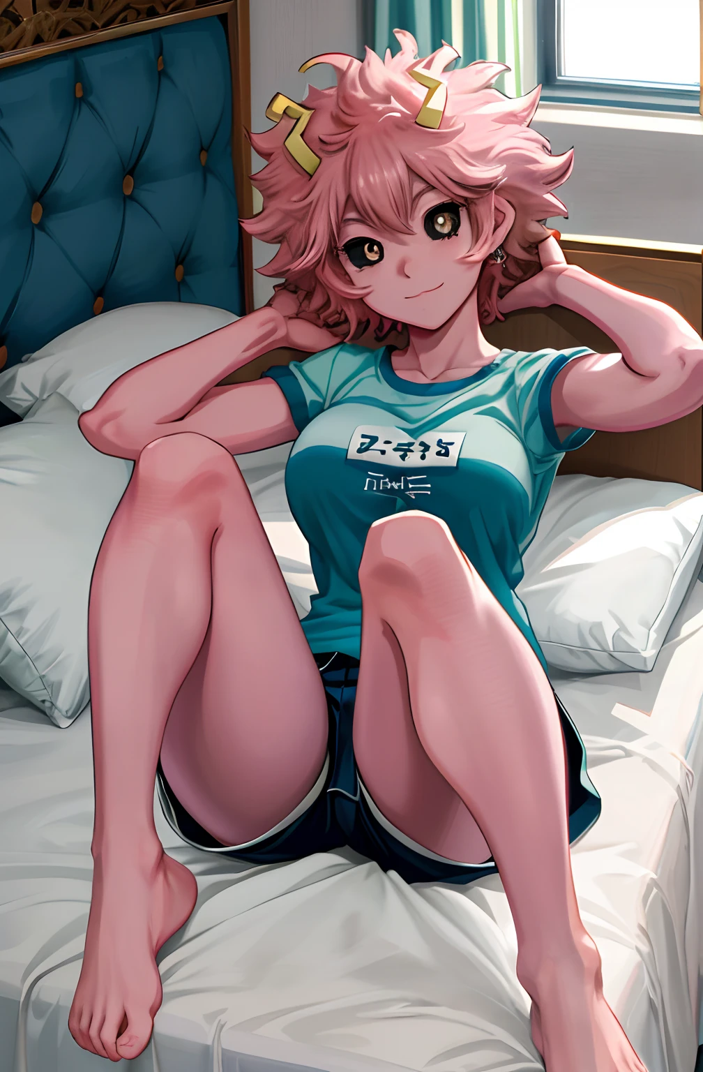 [mina ashido], [Boku no hero academia], ((masterpiece)), ((full body)), ((solo portrait)), ((cute)), ((feet visible)), ((High definition)), ((anime)), ((Kohei Horikoshi)), ((detailed shading)), ((intricate details)), [mina ashido; (pink skin), big round black eyes, yellow pupils, curly pink hair, short eyelashes, large boobs, beautiful legs), {yellow shirt, blue lounge shorts, (defined leg muscles)}, (excited expression)], {(on bed), (laying on back), (head on pillow), (legs spread open), (looking at viewer), (arms above head)}, [Background; (bedroom); (window), sunny]