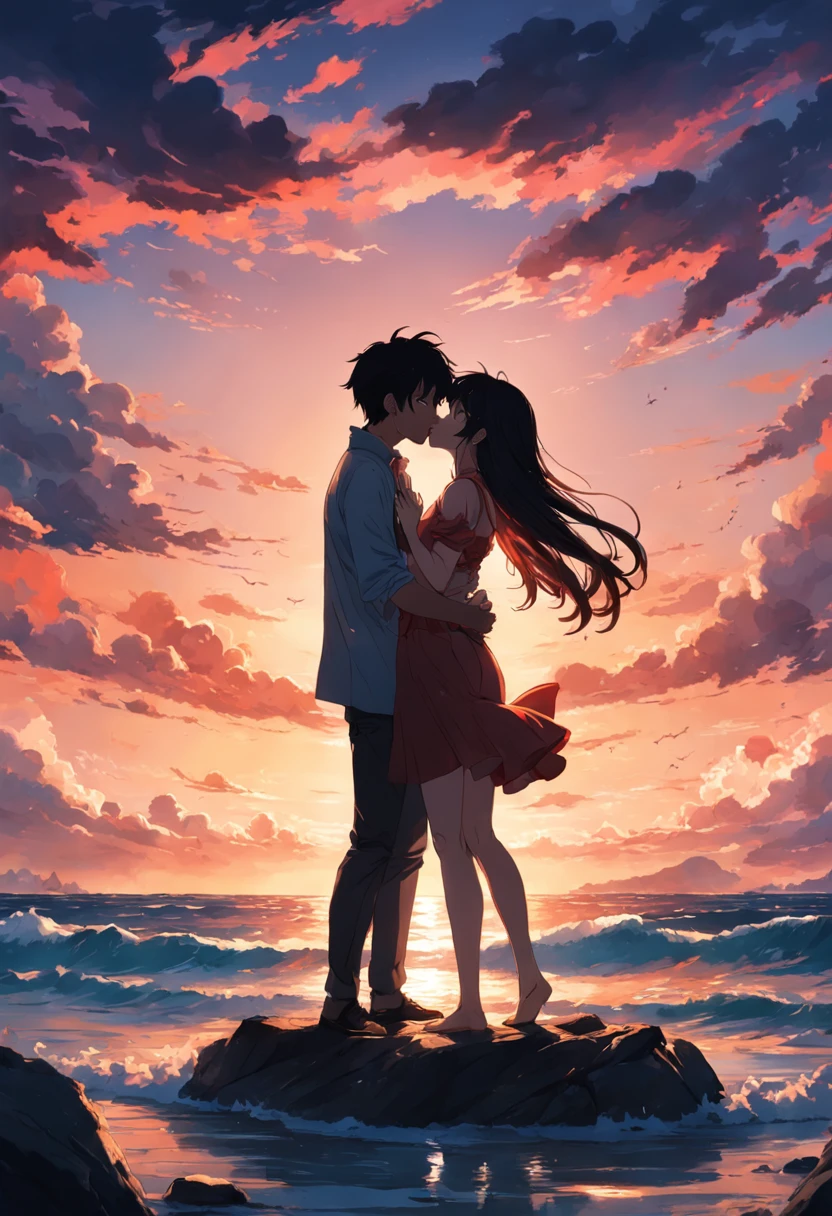 A man and a woman kiss by the sea in the sunset