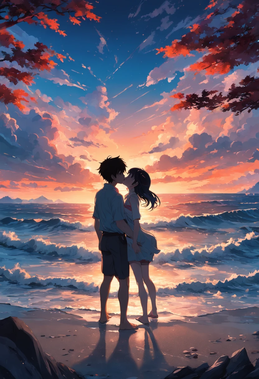A man and a woman kiss by the sea in the sunset