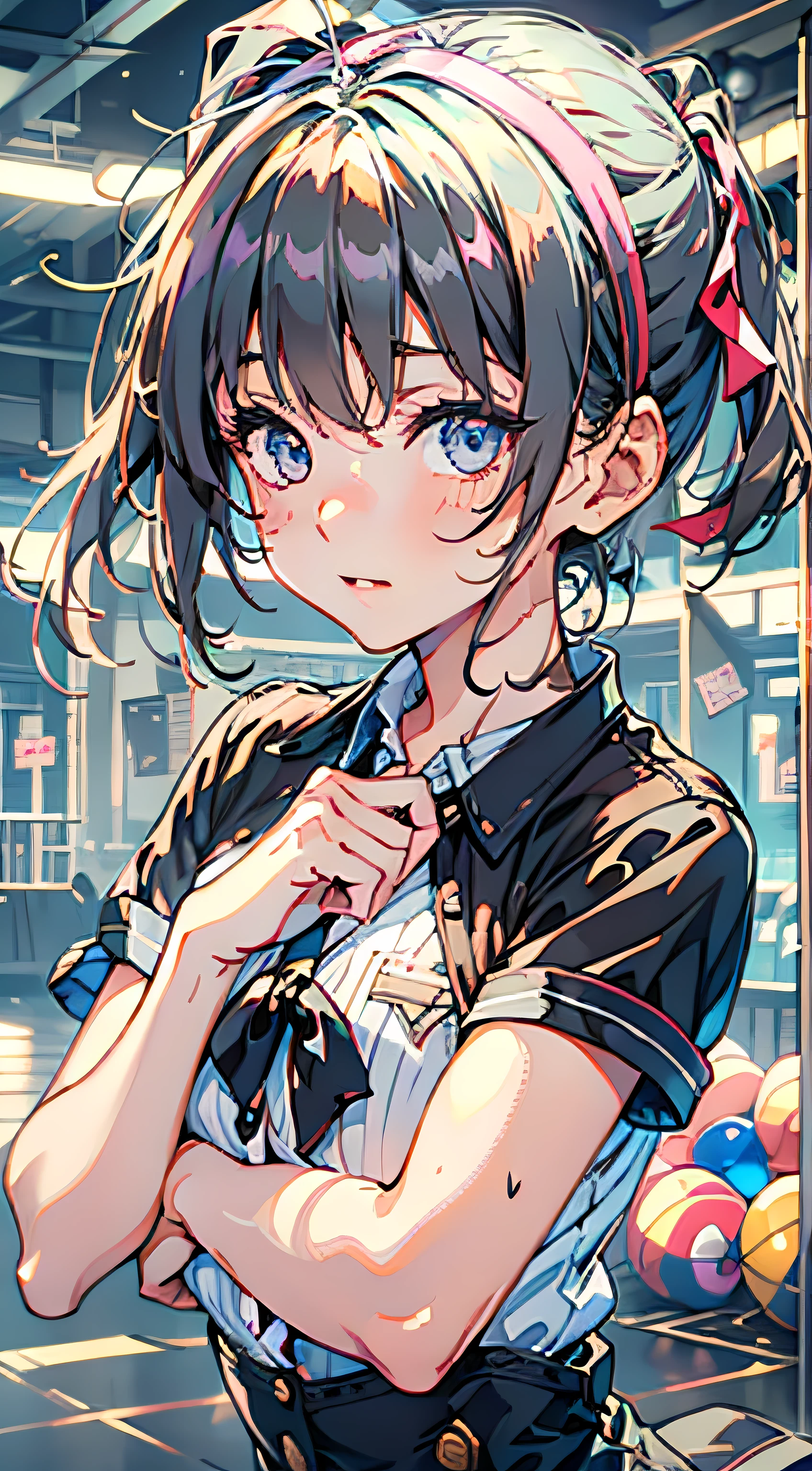 teens girl, 21yo, profusely, Smaller bust, denim short, White pinstripe shirt, Ball head, Small black domain box, facing to audience, The eyes were in a trance, fleshy feeling, Hair ribbon, Blush, back lit lighting, kanon, hyper HD, Textured skin, Best quality