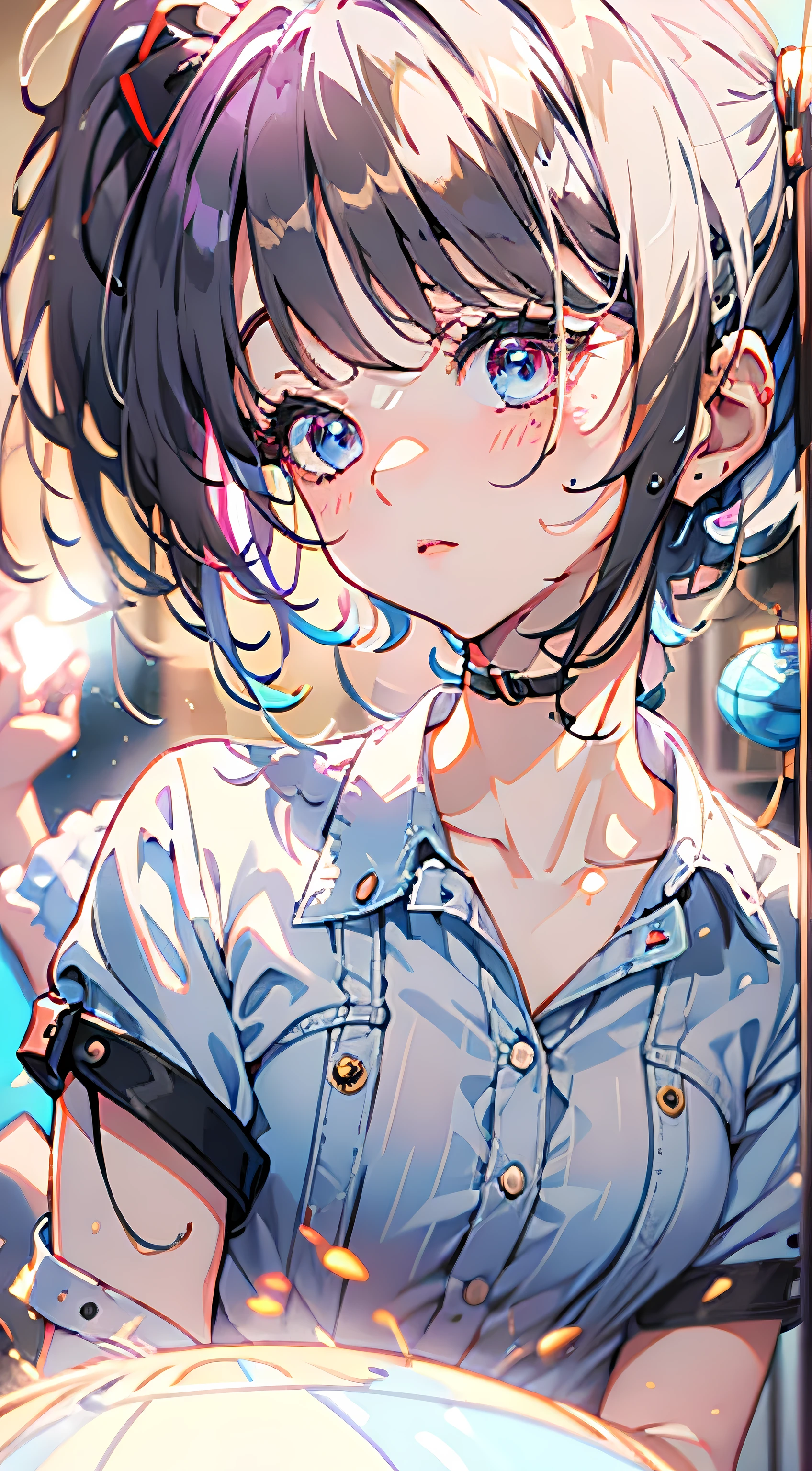 teens girl, 21yo, profusely, Smaller bust, denim short, White pinstripe shirt, Ball head, Small black domain box, facing to audience, The eyes were in a trance, fleshy feeling, Hair ribbon, Blush, back lit lighting, kanon, hyper HD, Textured skin, Best quality