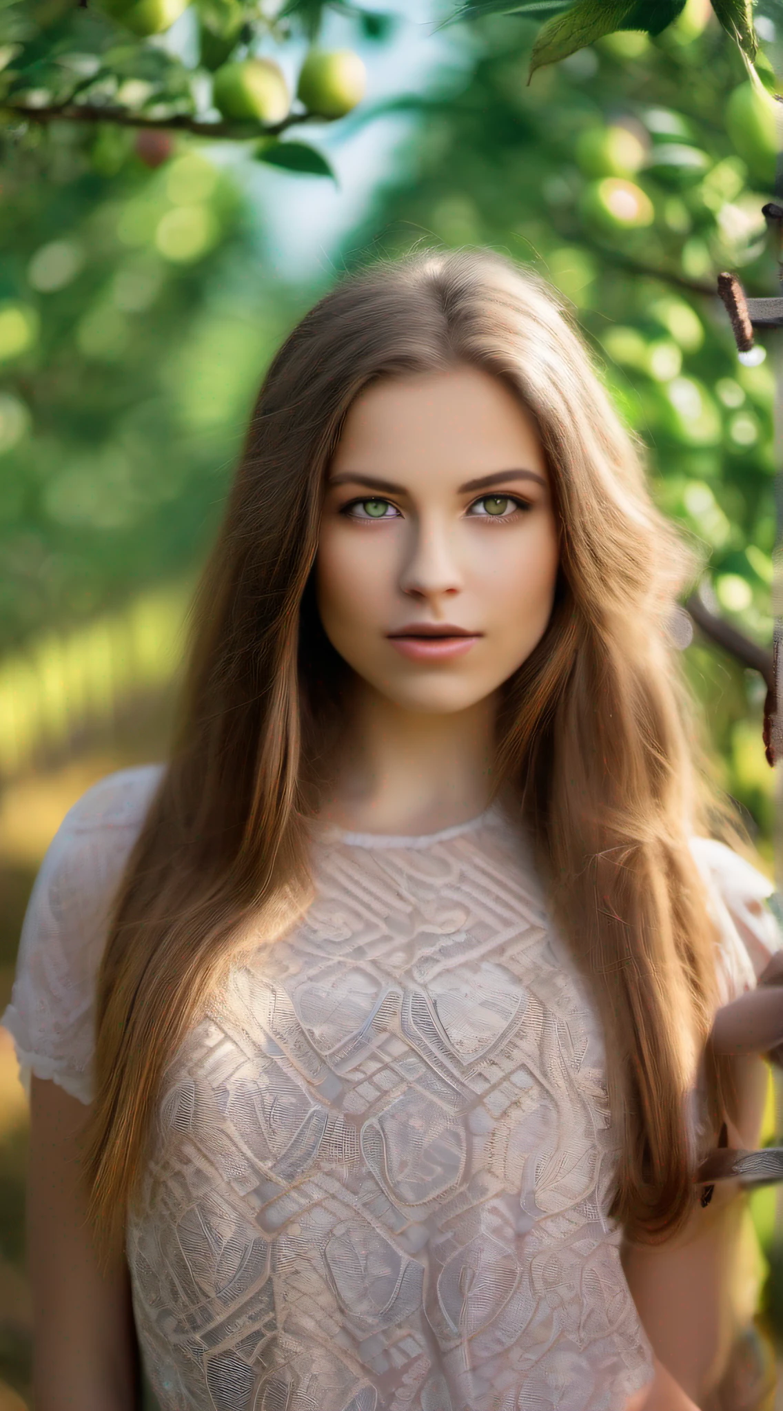 young girl, Slavic appearance, brown-haired, long hair, green eyes, snub nose, full lips, mouth, against the background of a glowing apple orchard