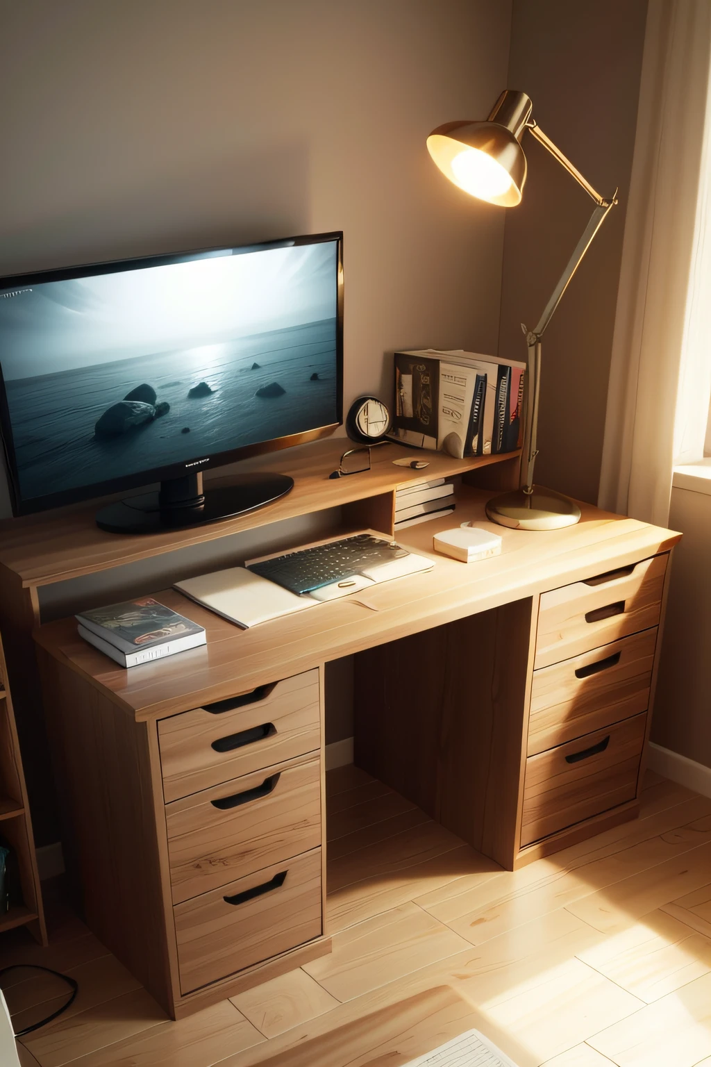 A set desk lamp,drawer,Study desk,Bookcase and TV in one,The material is wood,There is a sense of technology,Simple structure