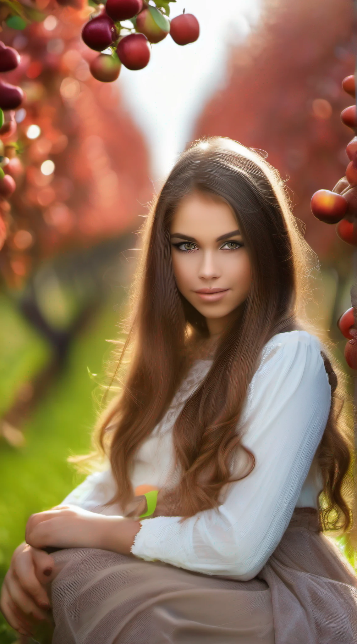 young girl, Slavic appearance, Brown, Long hair, Green eyes, pug nose, full lips, mouth, Against the backdrop of a glowing apple orchard